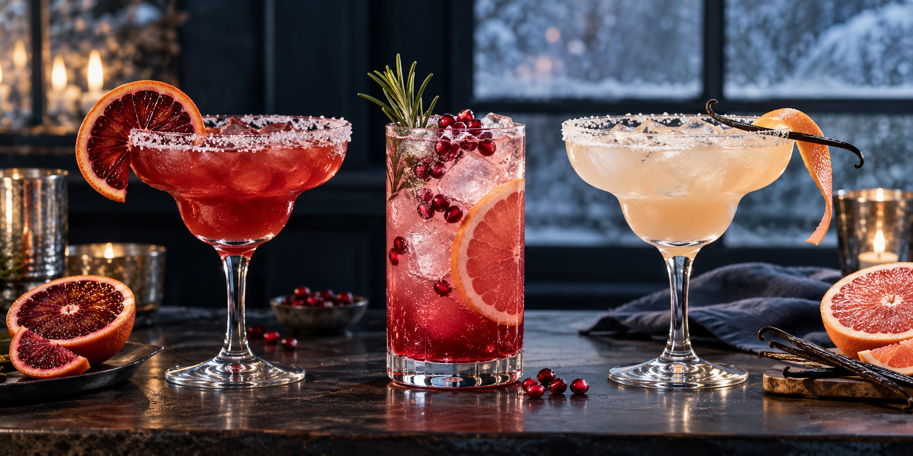 Elegant winter cocktails with citrus, cranberry and seasonal garnishes