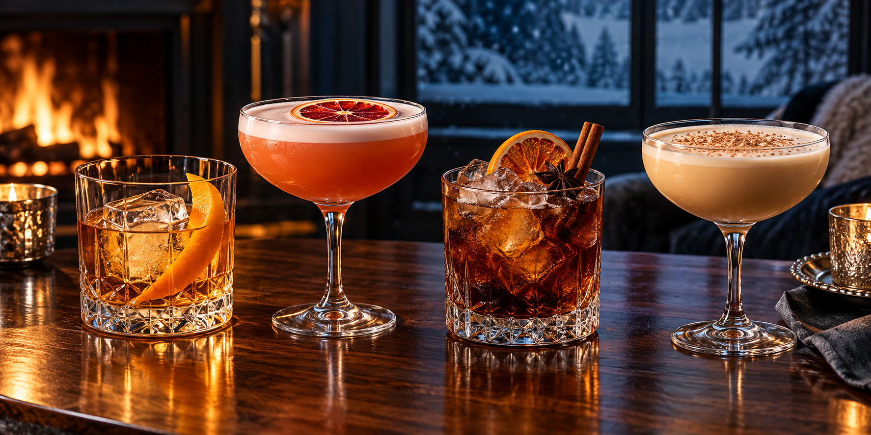 Winter whiskey, rum and brandy cocktails with seasonal citrus and spice