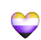 Heart shaped figure with rainbow colors, including yellow, purple, blue, black, and white, on a purple background.