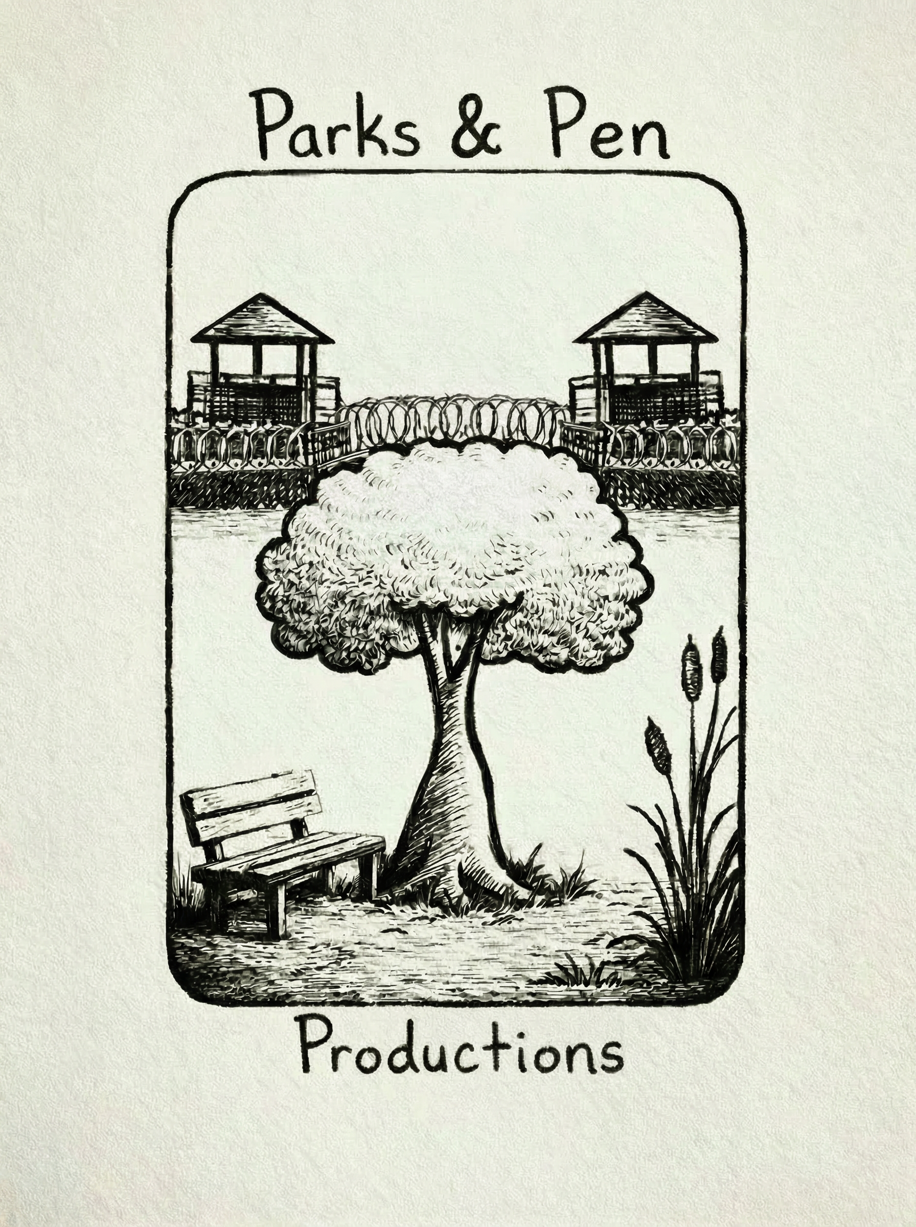 Parks & Pen Productions Logo showing a park with a bench and tree situated in front of a prison gate and two guard towers.