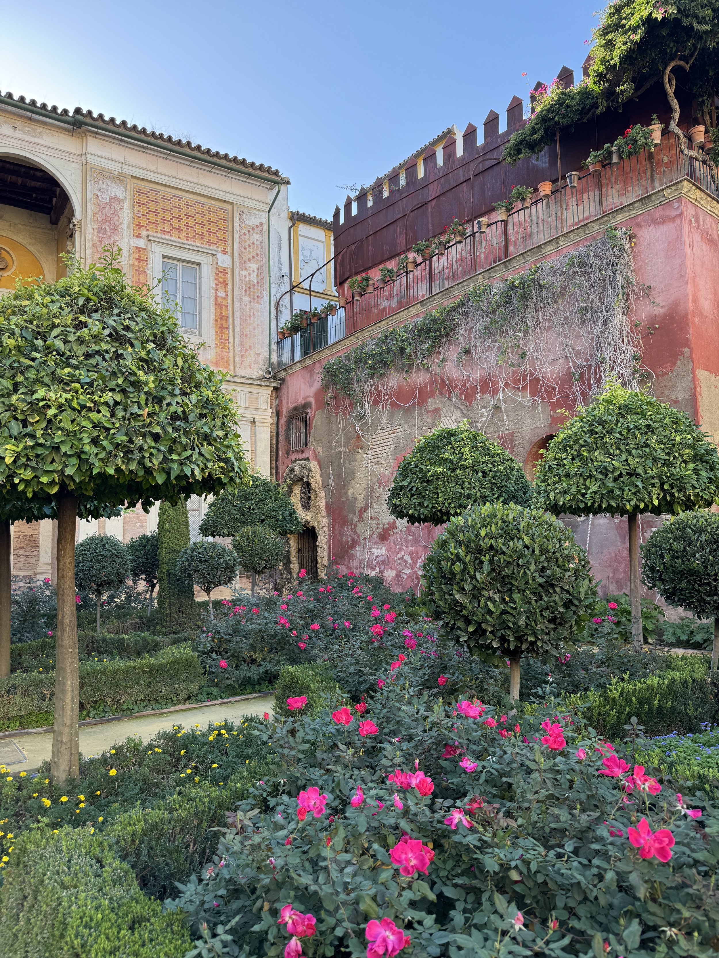 Baroque-style courtyard garden with well-manicured trees and vibrant pink flowers, surrounded by colorful, weathered buildings with lush greenery.