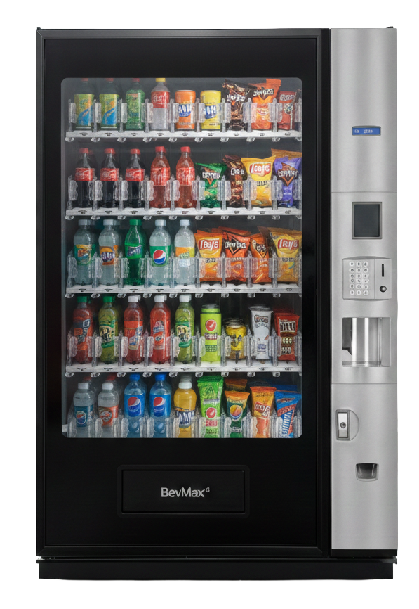 Vending machine stocked with bottled beverages and snack bags.