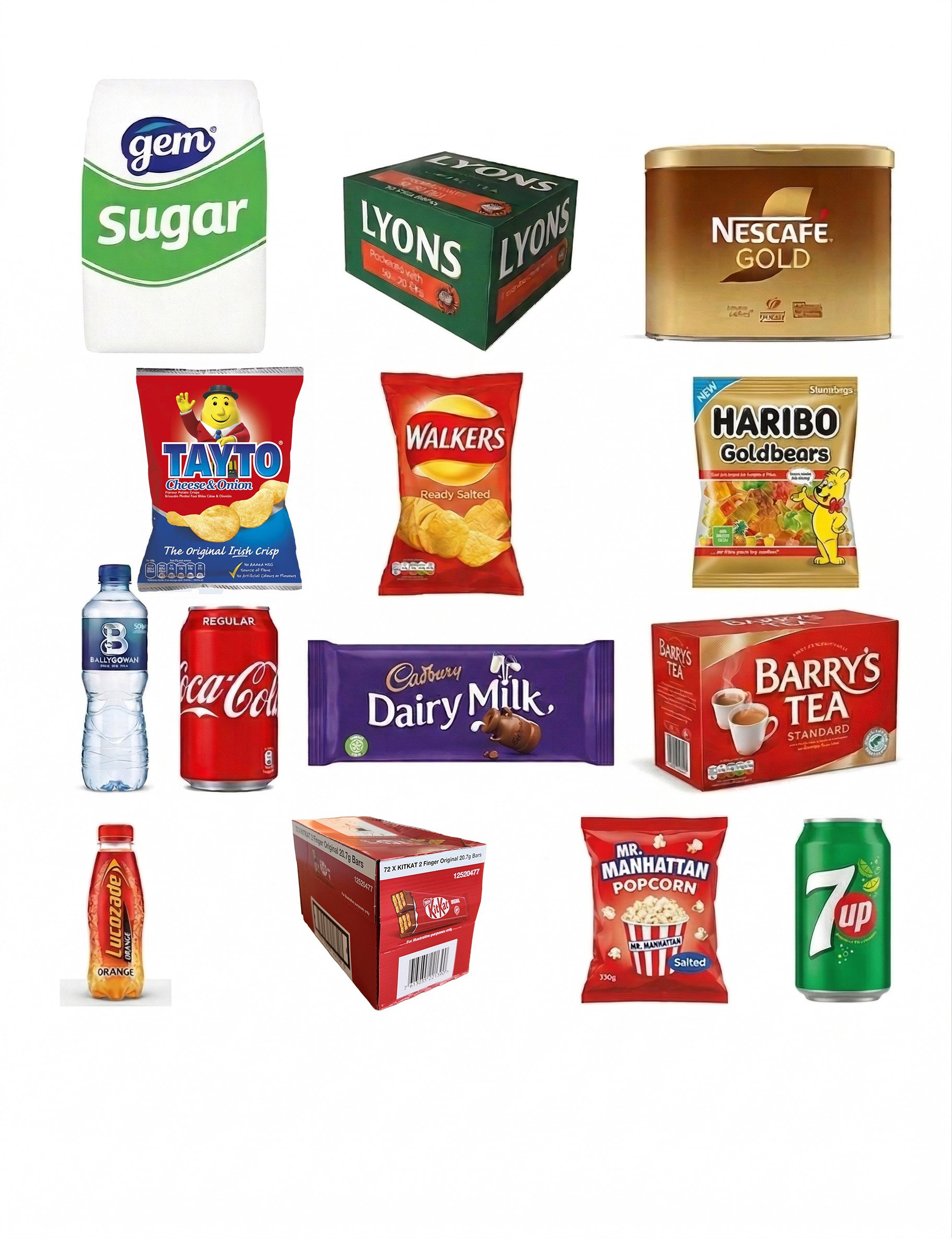 collective image of vending supplies TYTO chips , Haribo ,dairy milk ,cocacola ,kit kat ,7up walkers ,lyons tea in a white background