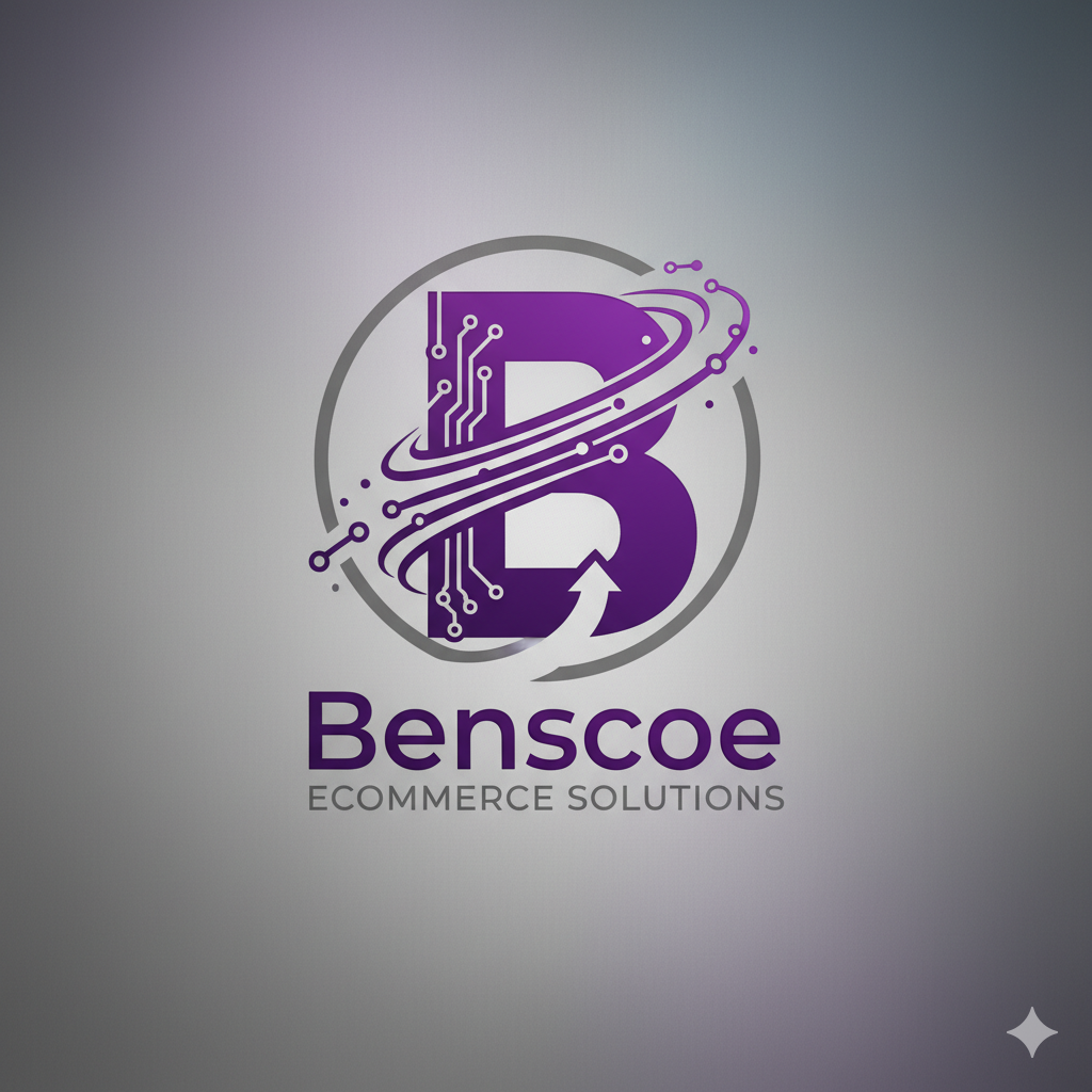 Logo for Benscoe eCommerce Solutions featuring a stylized letter B with circuitry and arrows, in purple, on a gray background.