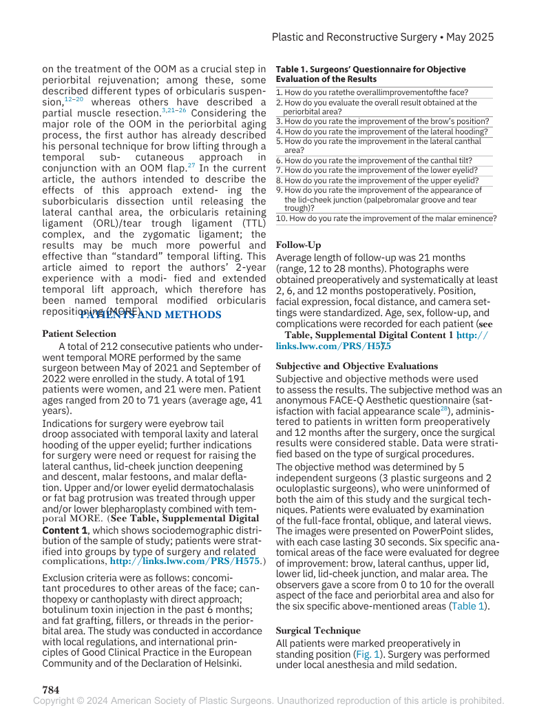 Testo di un articolo scientifico sulle procedure chirurgiche e sui protocolli di valutazione, senza immagini visive evidenti.