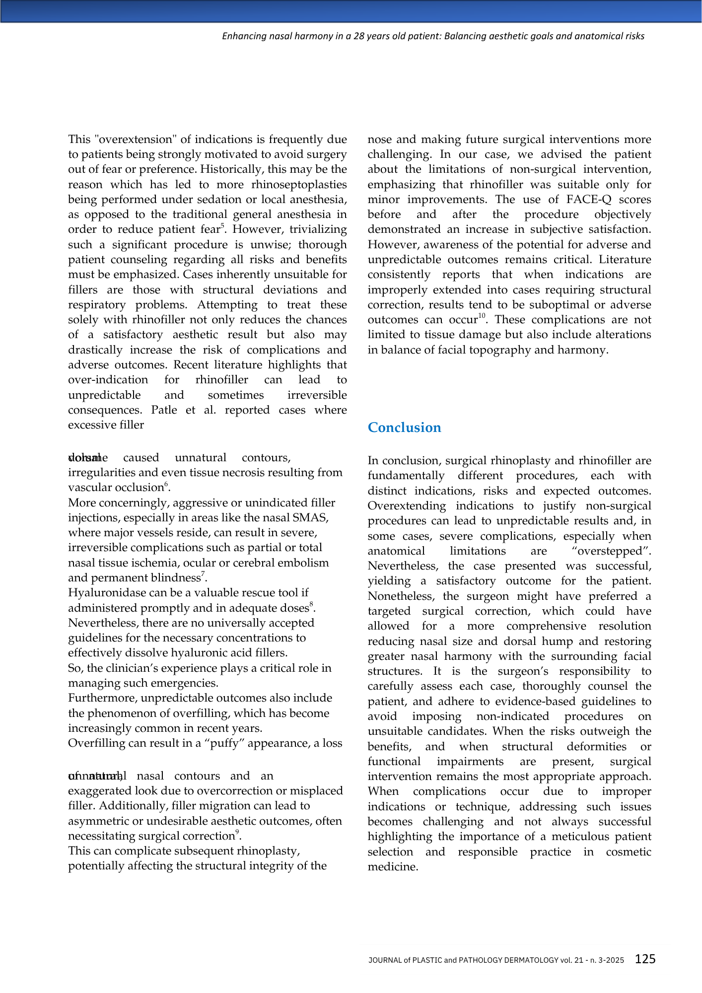 Pagina di un articolo medico con testo in inglese e un titolo in corsivo, discussione su rinoplastica e rinofiller, con una sezione chiamata 'Conclusione' in blu.