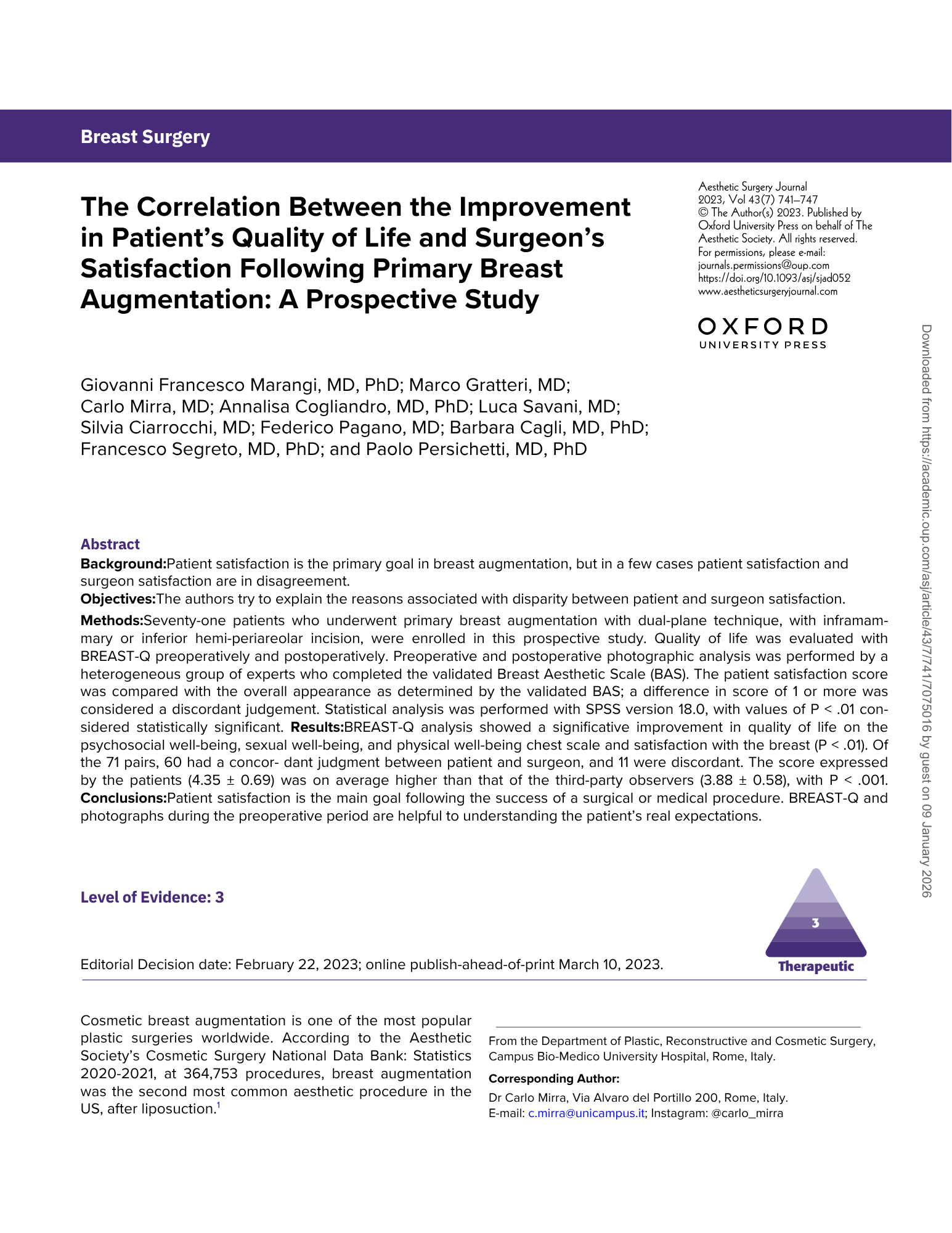 Pagina di un articolo scientifico sulla chirurgia al seno con titolo, autori, abstract di studio clinico, logo di Oxford University Press e altri dettagli.