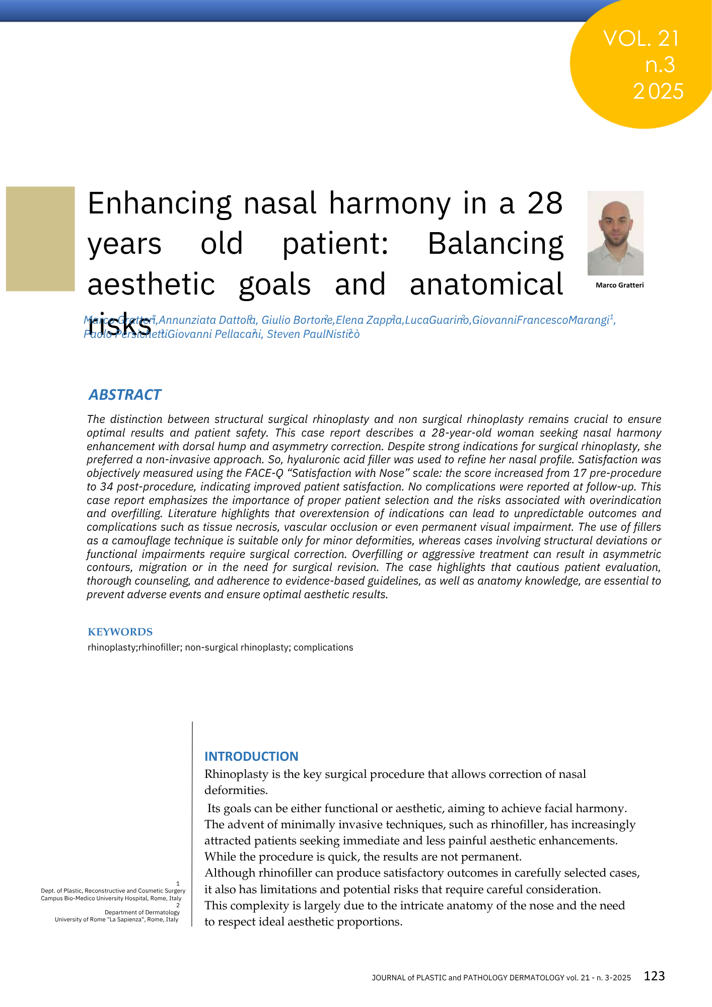 Titolo e abstract di un articolo scientifico sulla chirurgia estetica del naso, con foto dell'autore in alto a destra.