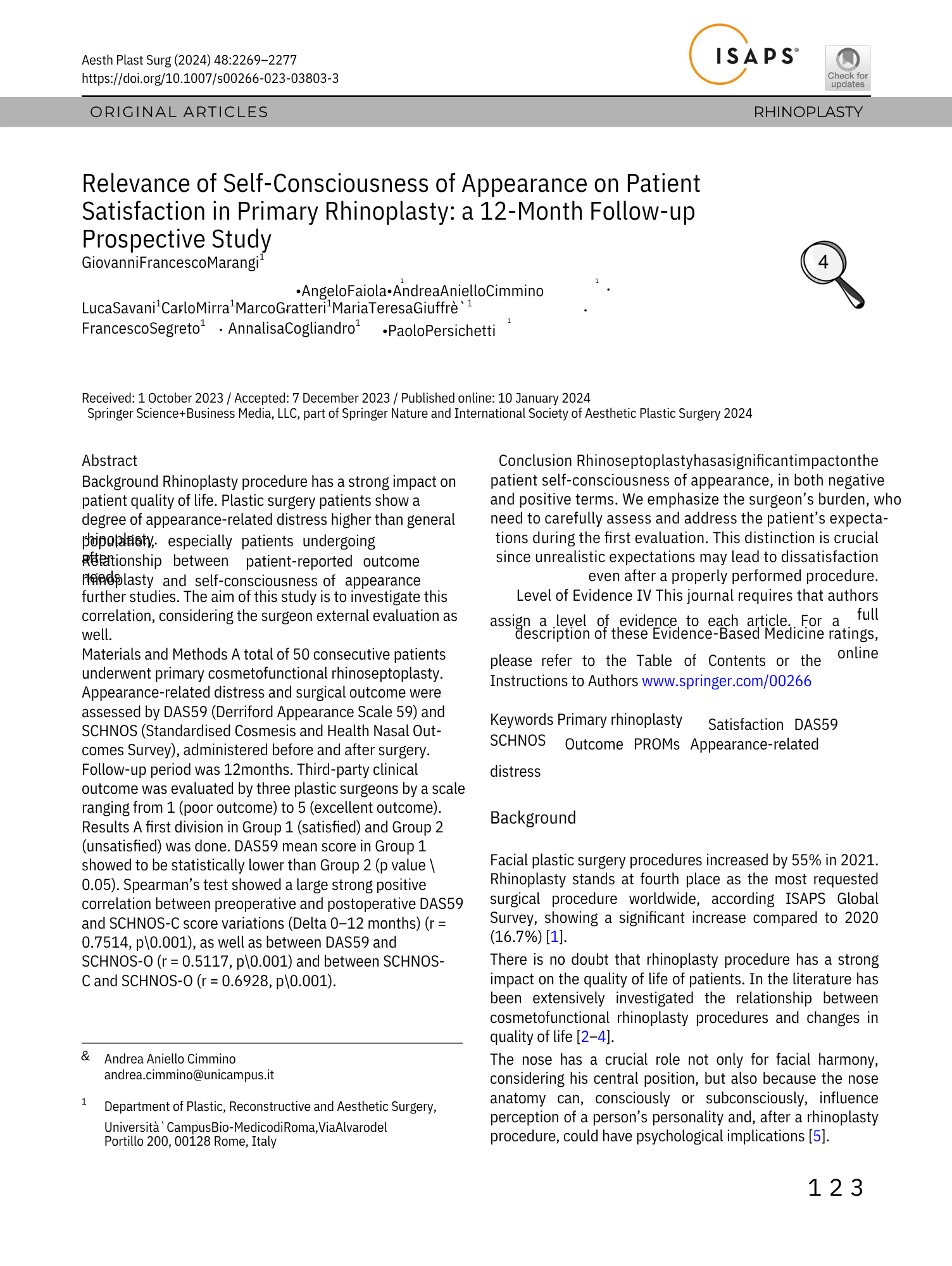 Immagine di una pagina di un articolo scientifico sulla chirurgia plastica del naso, con testo e un'icona di una lente di ingrandimento.