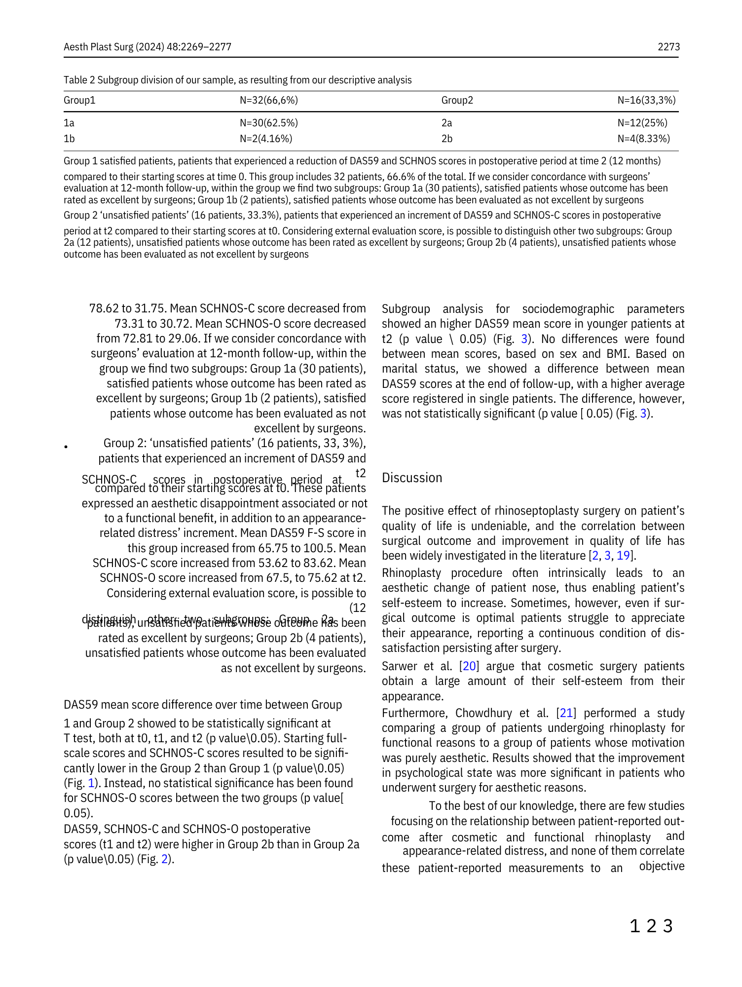 Pagina di uno studio scientifico su risultati di analisi postoperatorie, con tabelle e testo descritto in italiano.