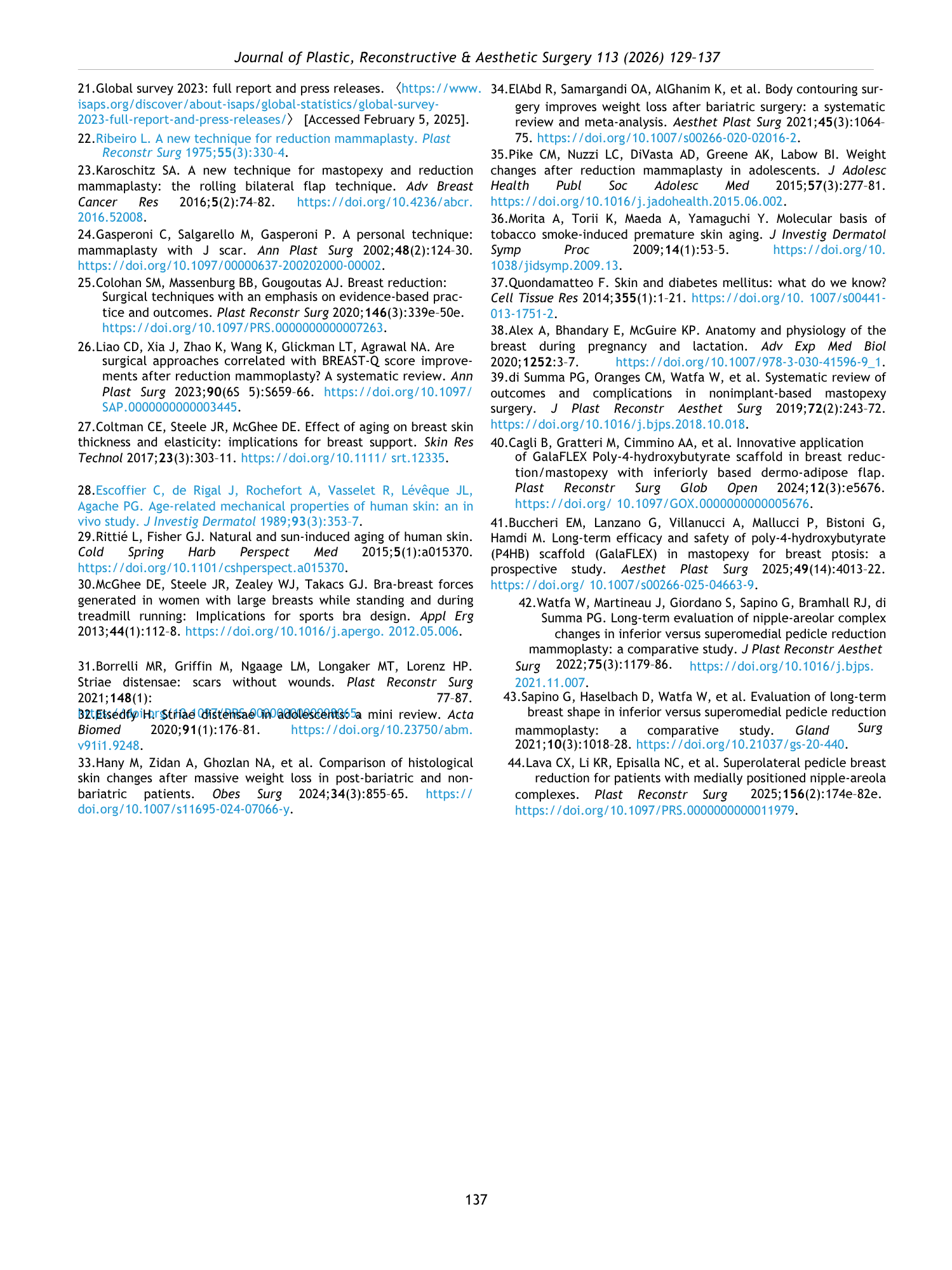 Pagina di rivista con riferimenti bibliografici e citazioni accademiche su chirurgia plastica, accuratamente formattata.