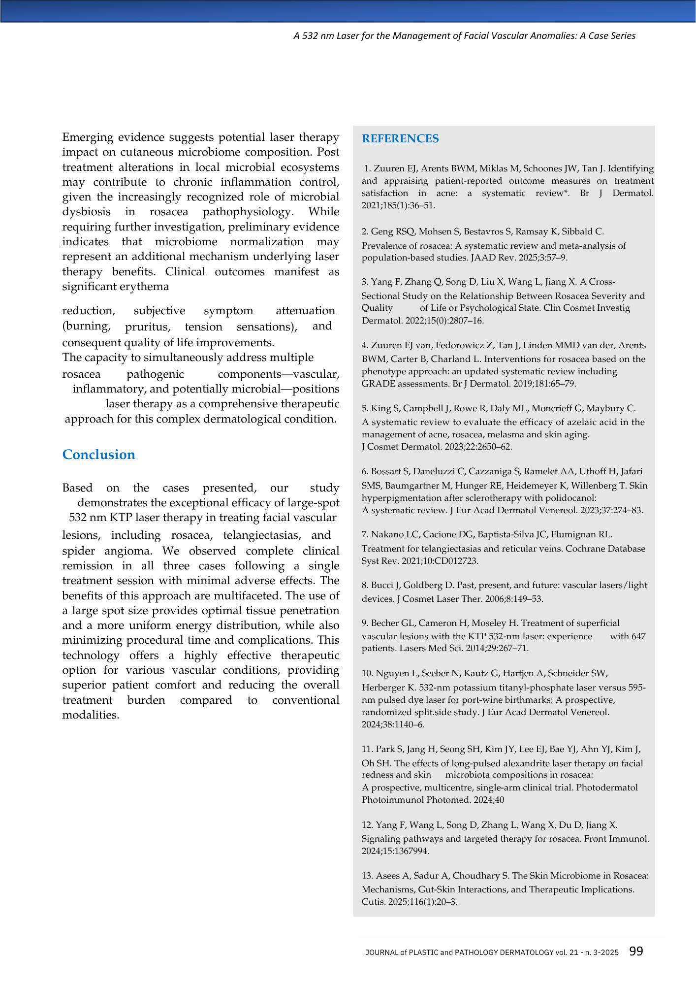Pagina di un articolo scientifico intitolato 'A 532 nm Laser for the Management of Facial Vascular Anomalies: A Case Series', con testo e riferimenti bibliografici.