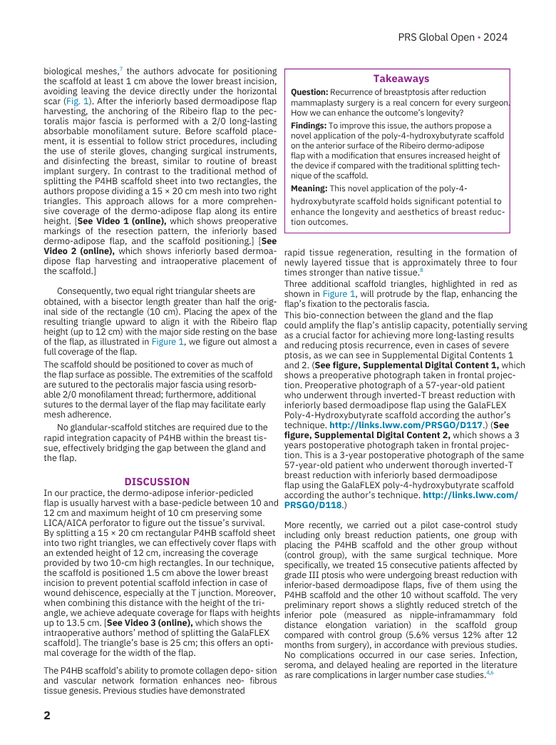 Pagina di un articolo scientifico con sezioni come 'Takeaways', 'Discussion' e 'Question', discussione sui risultati di uno studio sulla ricrescita del tessuto mammario dopo riduzione e mastectomia, e immagini di diagrammi e figure legate allo studio