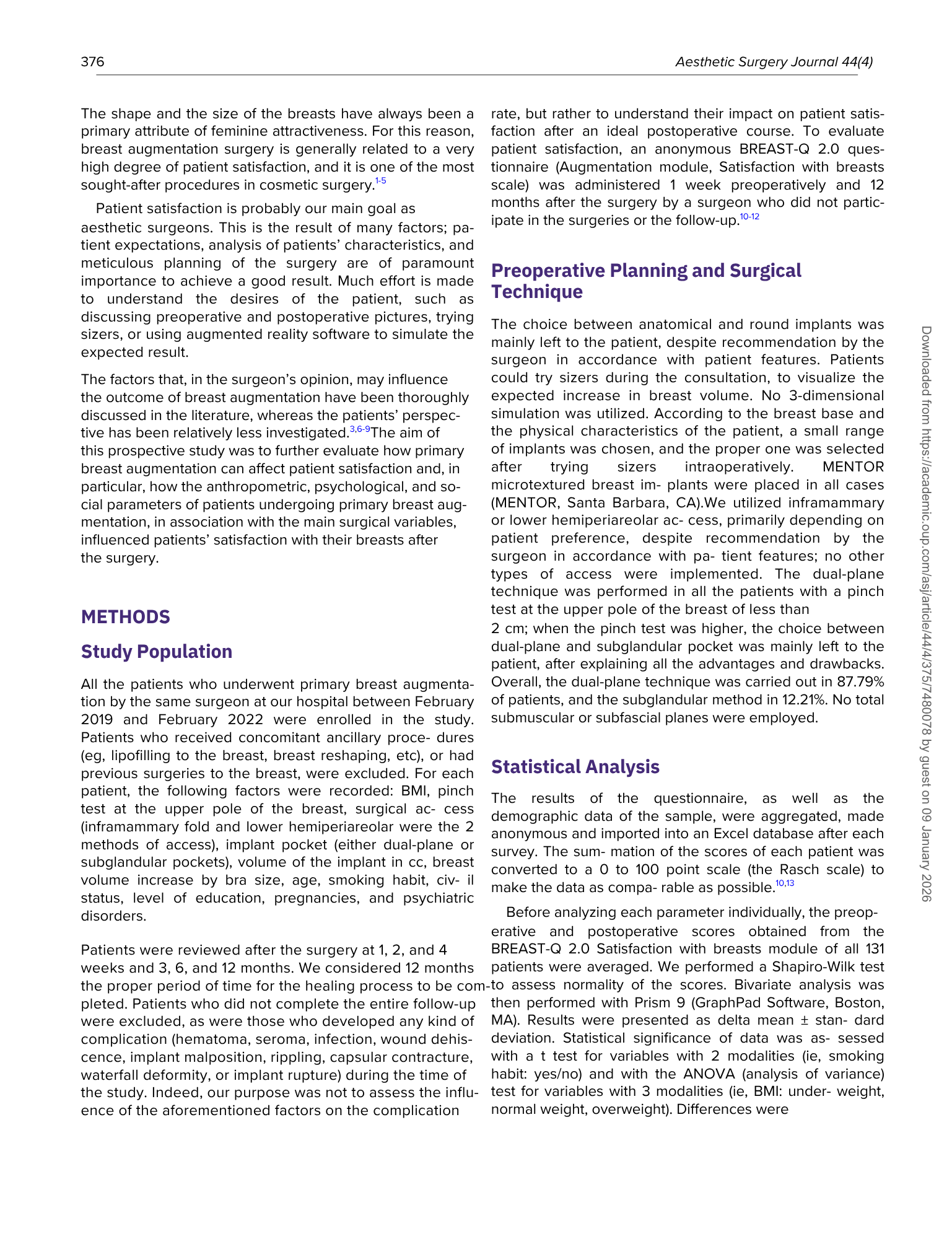 Pagina di un articolo scientifico in lingua italiana, con testo riguardante studi e metodi di ricerca nel campo della chirurgia estetica e aumento del seno.