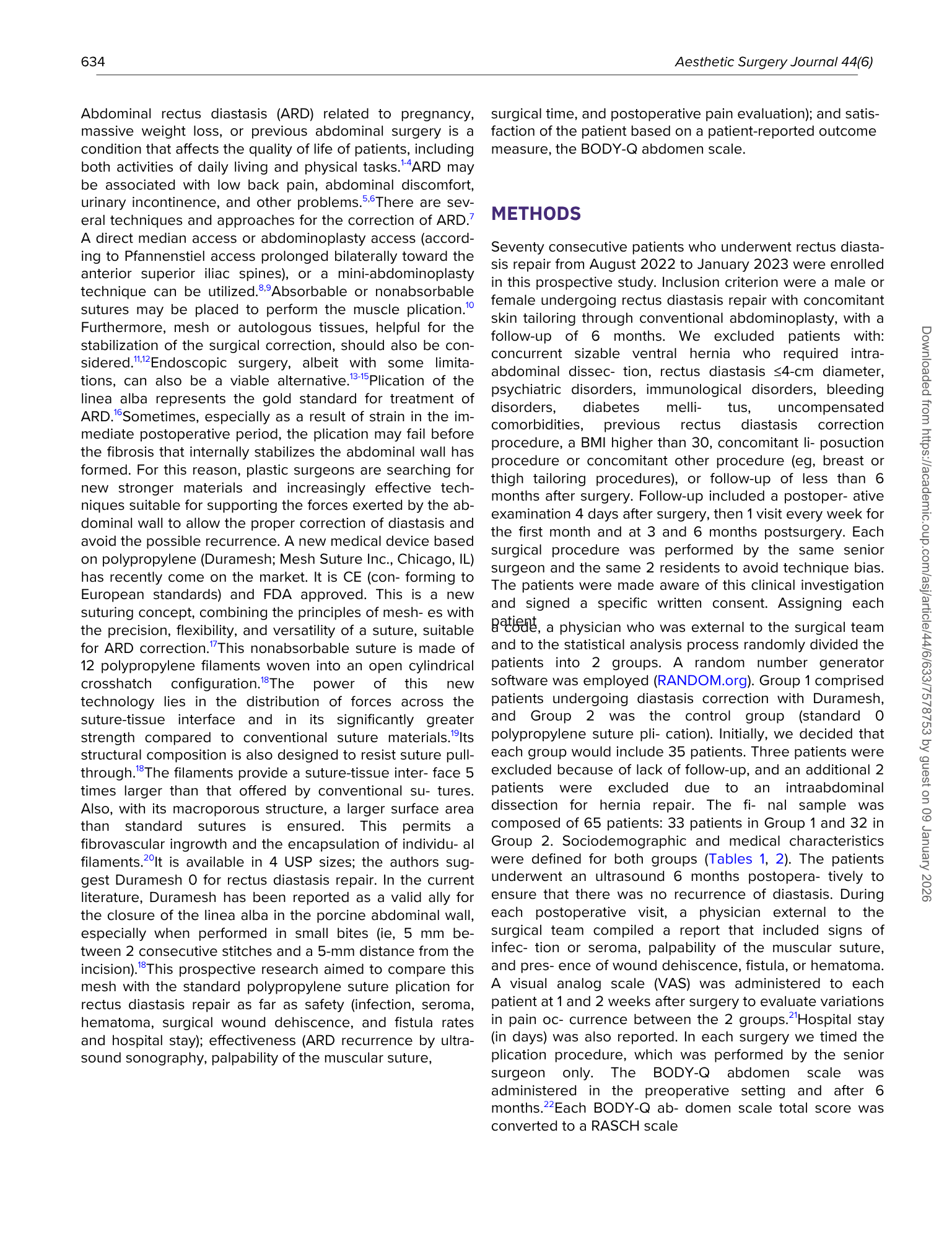 Testo di un articolo scientifico in inglese riguardante la chirurgia, con vari sottotitoli, numeri di riferimenti e sezioni come 'Metodi'.