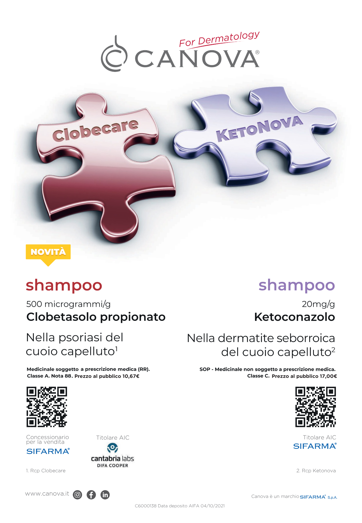 Poster pubblicitario di due shampoo, uno a base di clobetasolo propionato e uno a base di ketoconazolo, con immagini di pezzi di puzzle e testi informativi.
