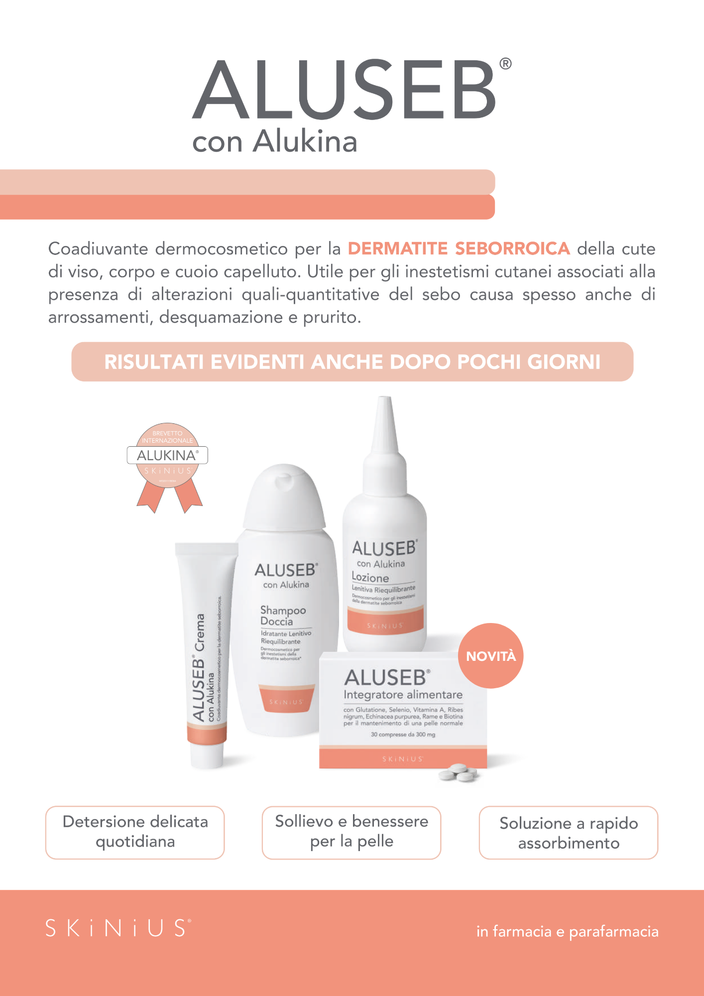 Infografica pubblicitaria di prodotti dermatologici Aluseb con Alukina, in evidenza per il trattamento della dermatite seborroica, con diversi principi attivi e benefici evidenziati.