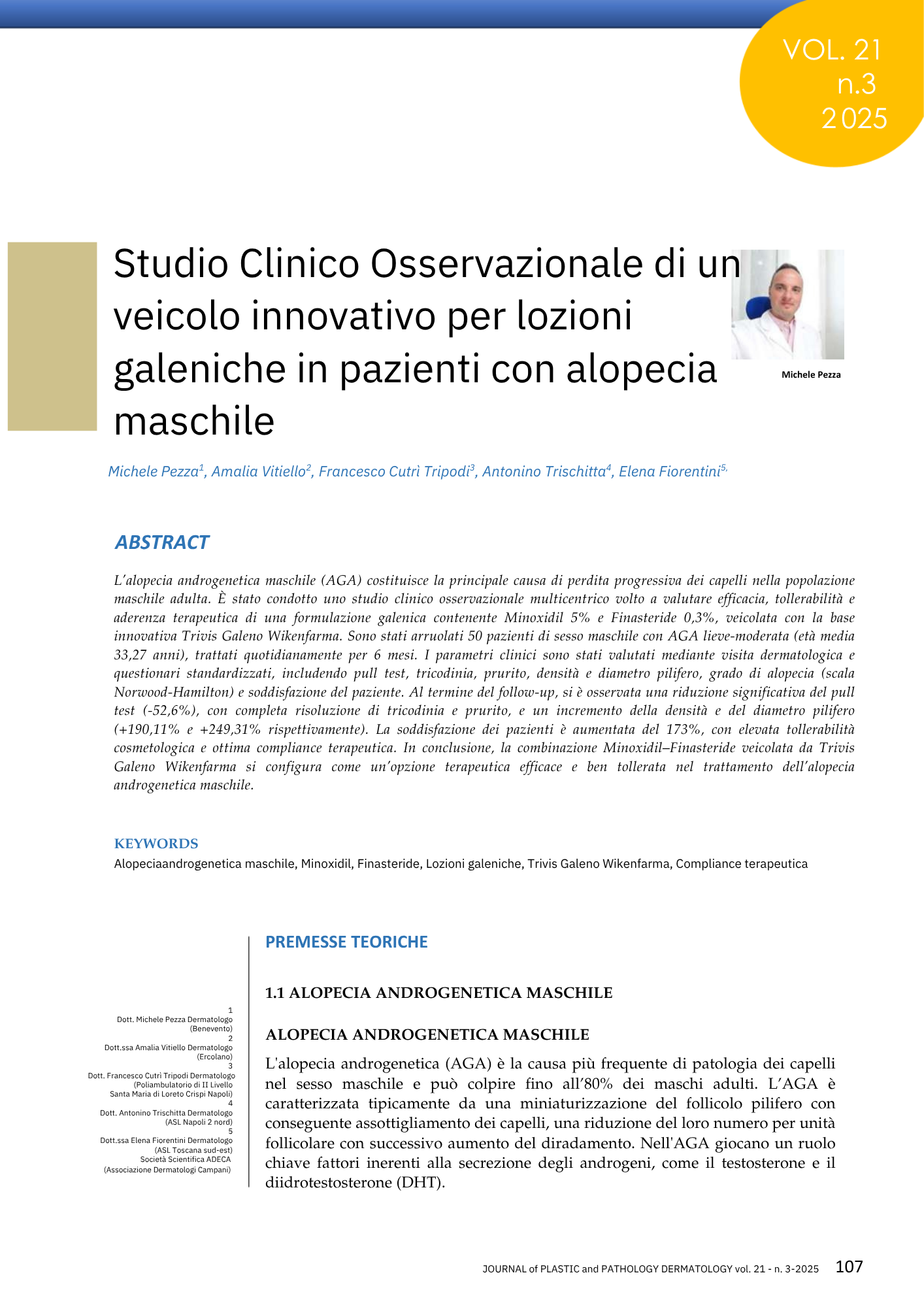 Copertina di un articolo scientifico con titolo in italiano, immagine di un uomo in camice bianco, e testo di esempio su alopecia androgenetica maschile.