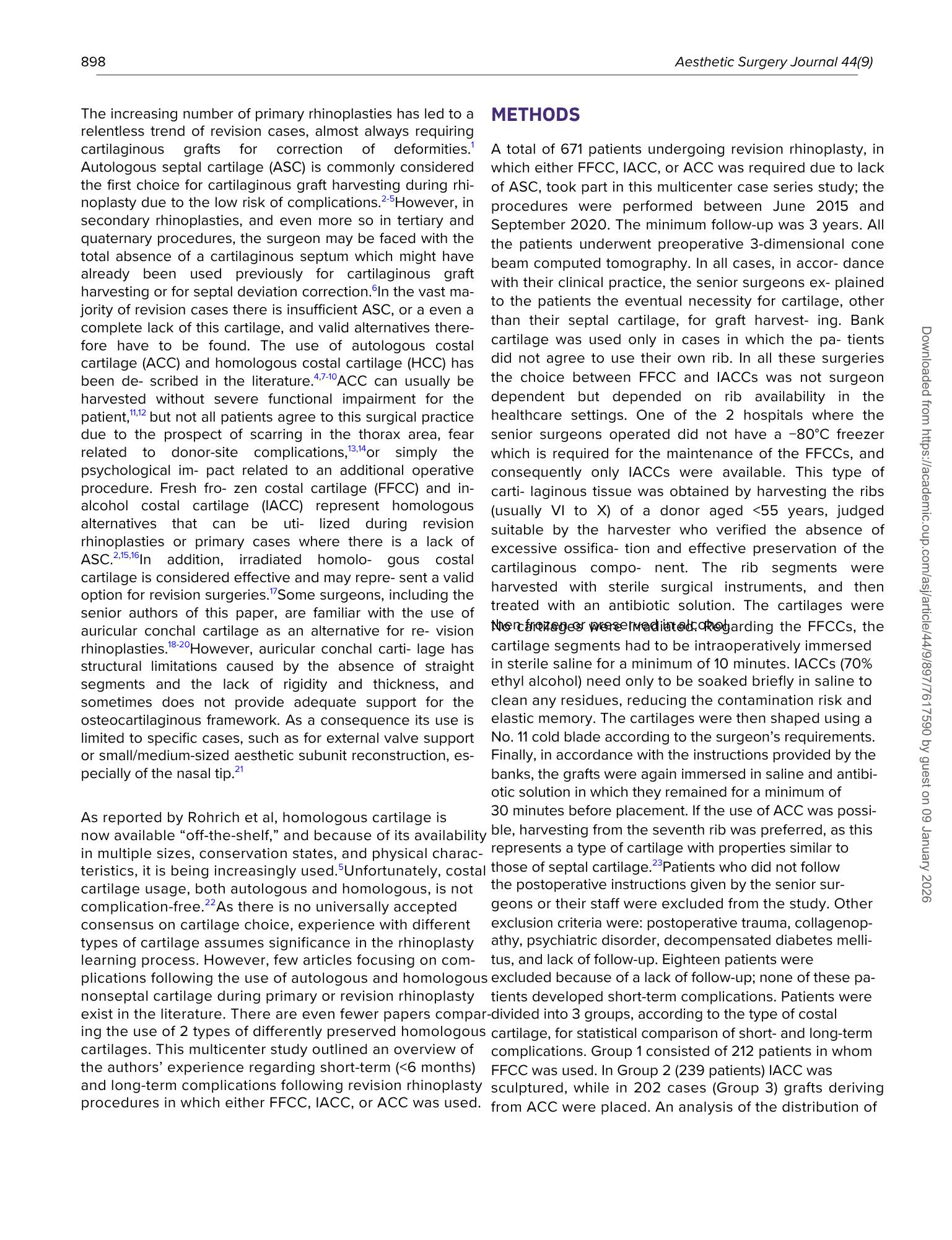 Pagina di un articolo scientifico dal titolo "Aesthetic Surgery Journal" con testo descrittivo su tecniche chirurgiche, cartilagini autologhe e interventi di rinoplastica.