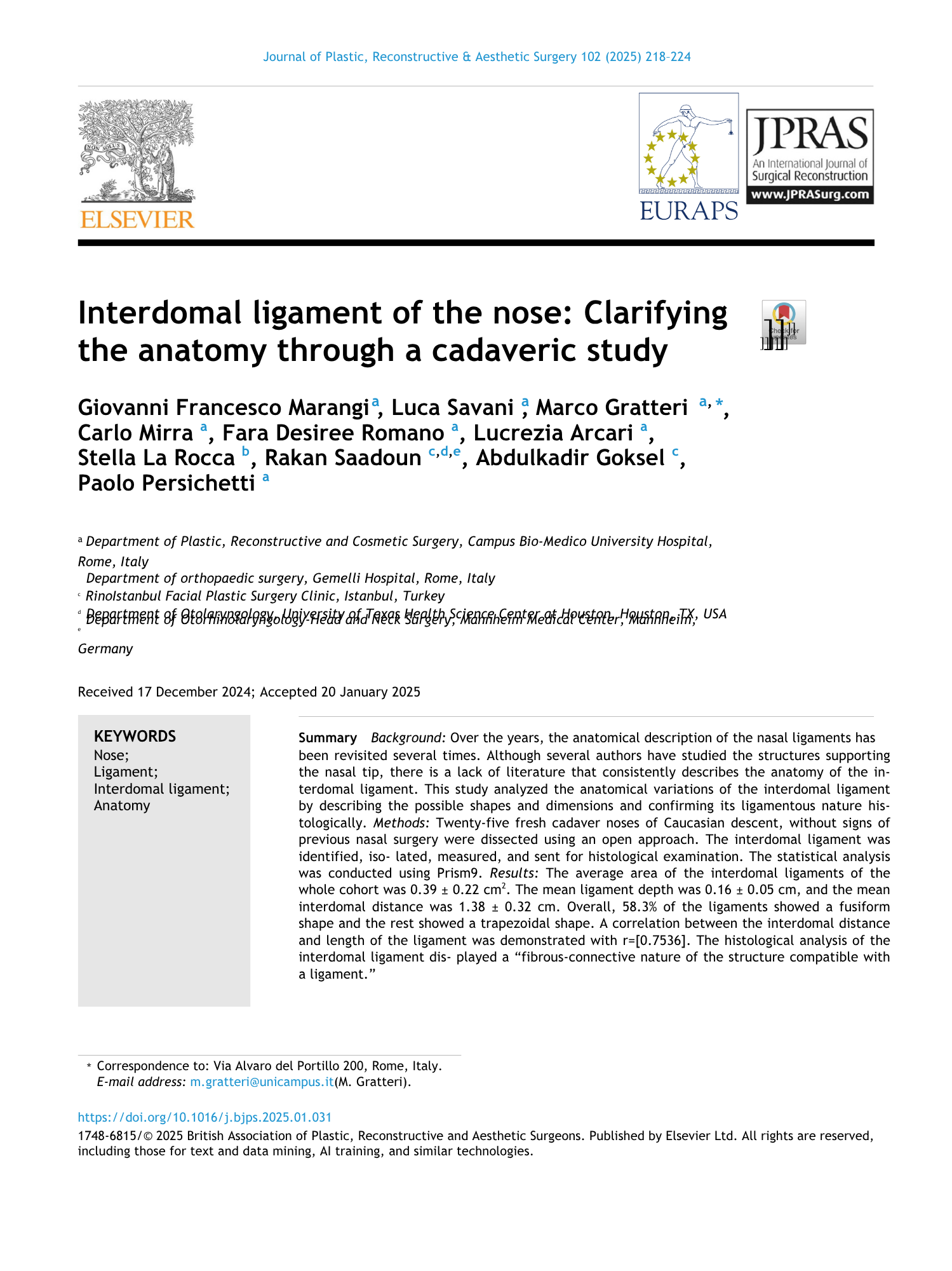 Copertina di uno studio scientifico sulla mimologia del naso, pubblicato su una rivista di chirurgia plastica, ricostruttiva ed estetica.