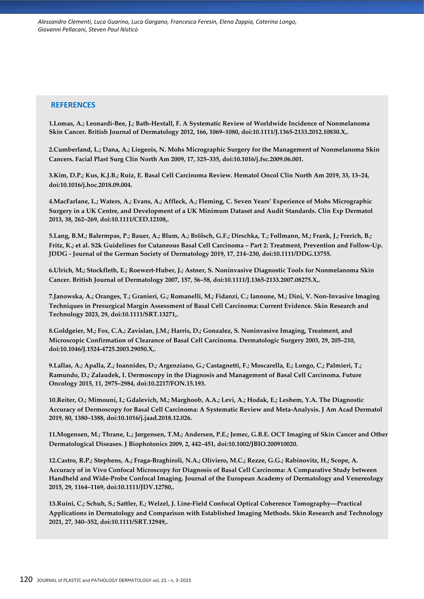 Pagina di un documento accademico con elenco di riferimenti e titoli di articoli scientifici sul carcinoma basocellulare e la diagnosi, con nomi di autori e dettagli di pubblicazione.