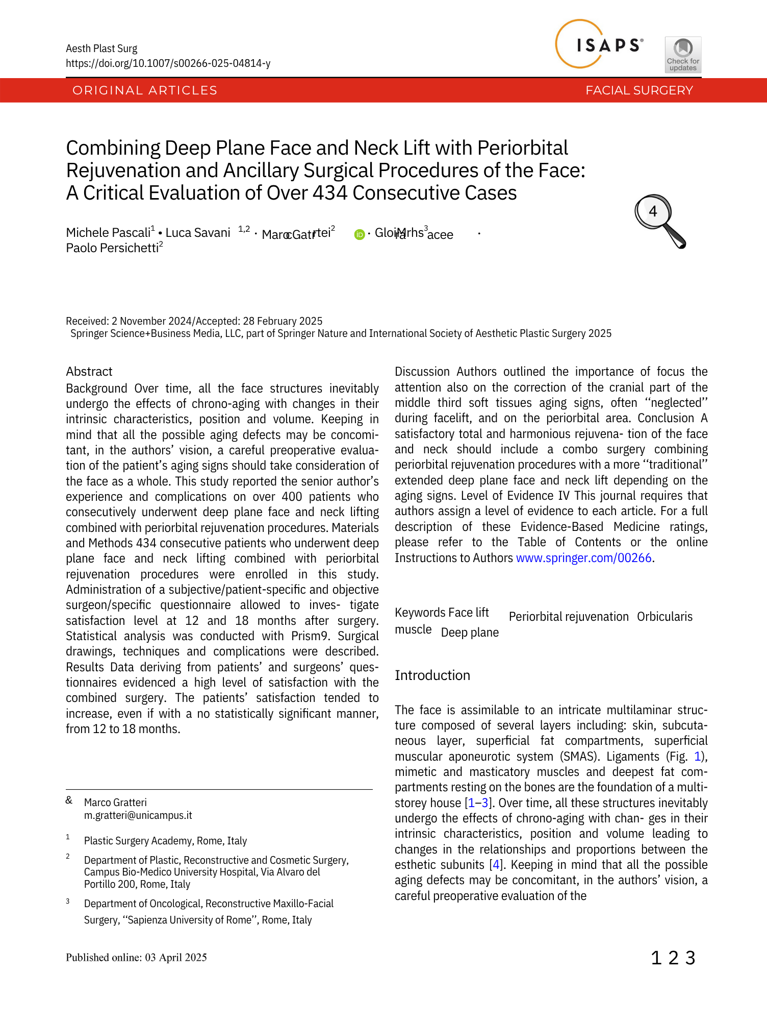 L'immagine mostra la prima pagina di un articolo accademico dal titolo 'Combining Deep Plane Face and Neck Lift with Periorbital Rejuvenation and Ancillary Surgical Procedures of the Face'.
