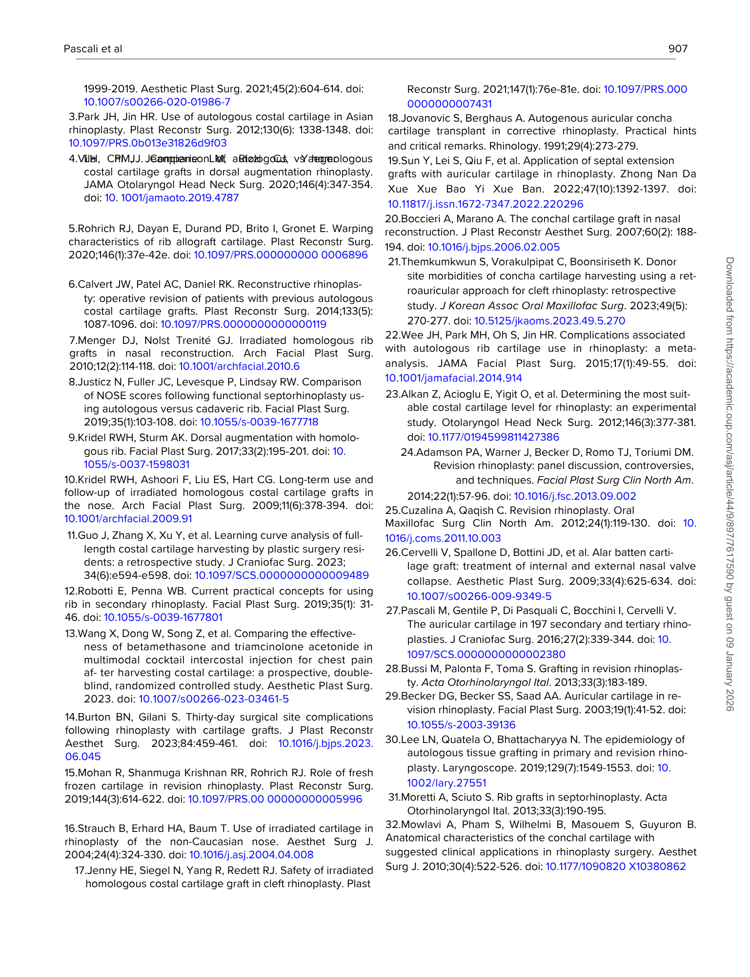 Pagina di testo accademico con riferimenti bibliografici sul tema della ricostruzione cartilaginea nasale.