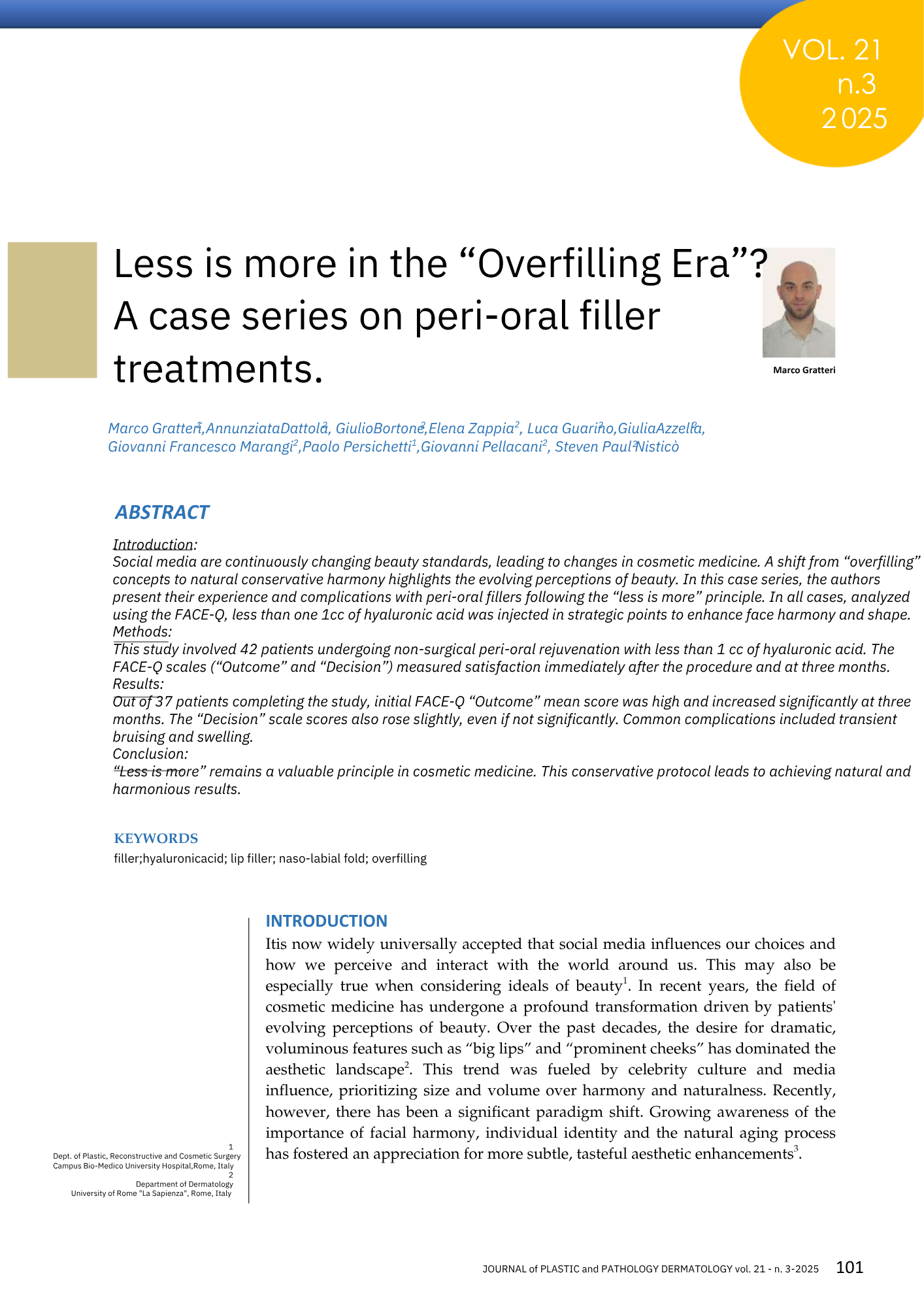 Pagina di rivista scientifica con titolo sulla riduzione dei filler peri-oral (perioral) e una foto del dottor Marco Grattoni.