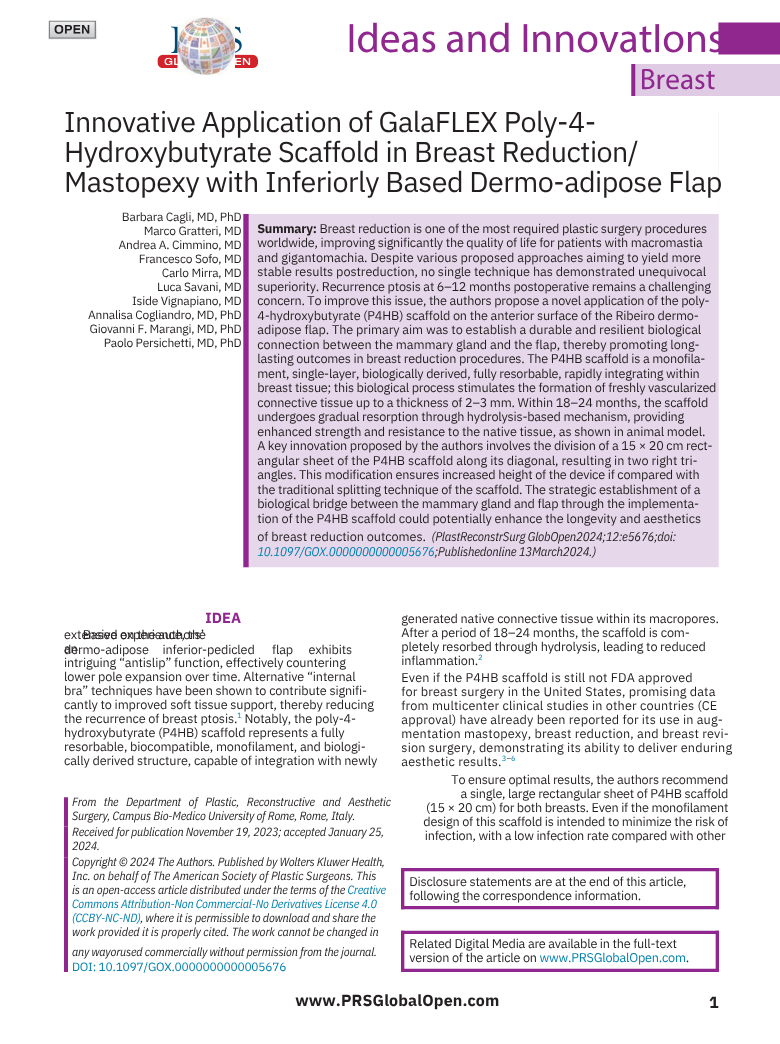 Titolo: Idee e Innovazioni per la Mastoplastica con Scaffold GalaxyFLEX in Riduzione del Seno. Descrizione: Studio scientifico sulla riduzione del seno utilizzando uno scaffold innovativo, con informazioni sui benefici e i risultati della tecnica.