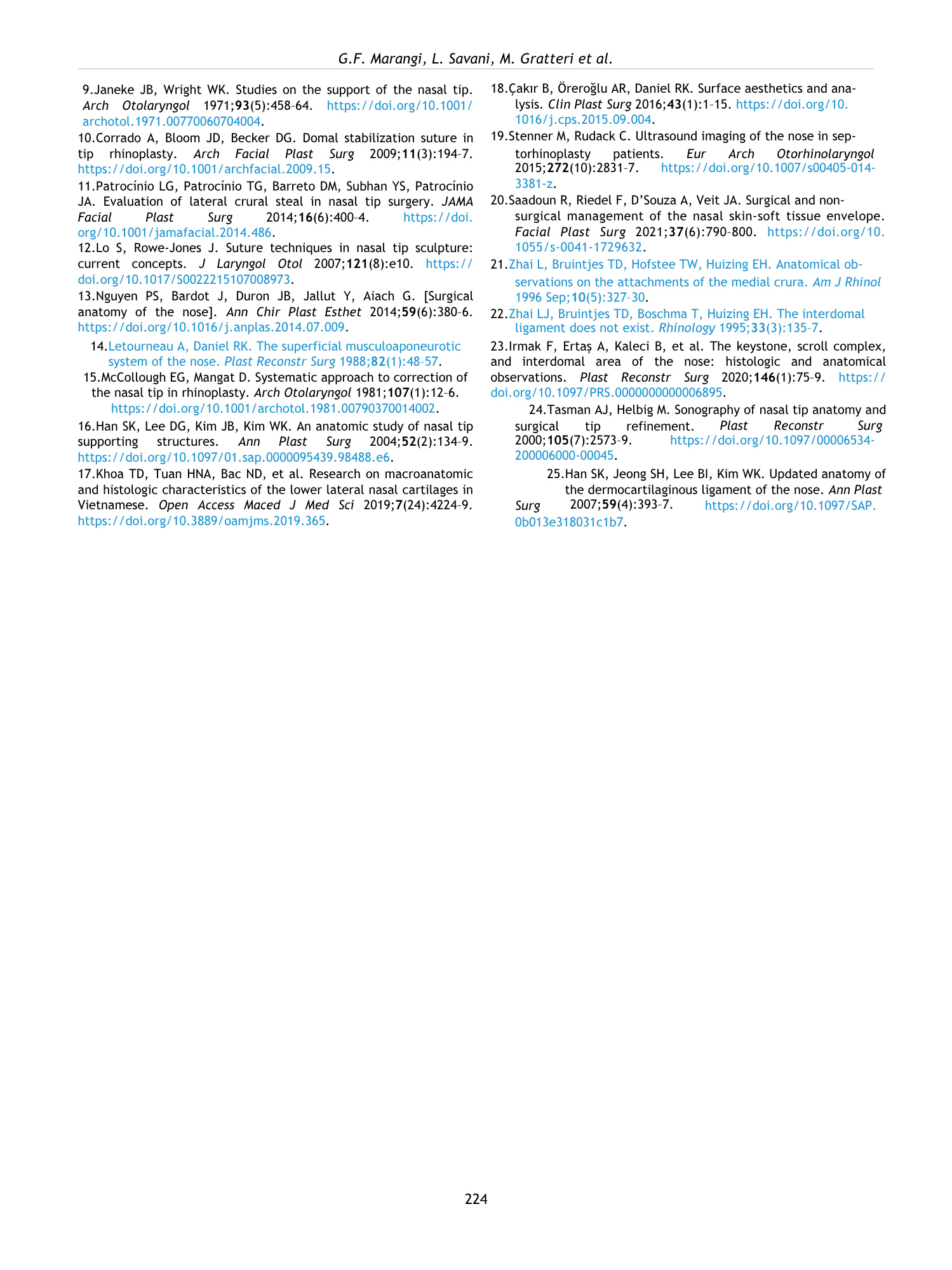 Pagina di riferimenti bibliografici su studi di anatomia e chirurgia del naso.