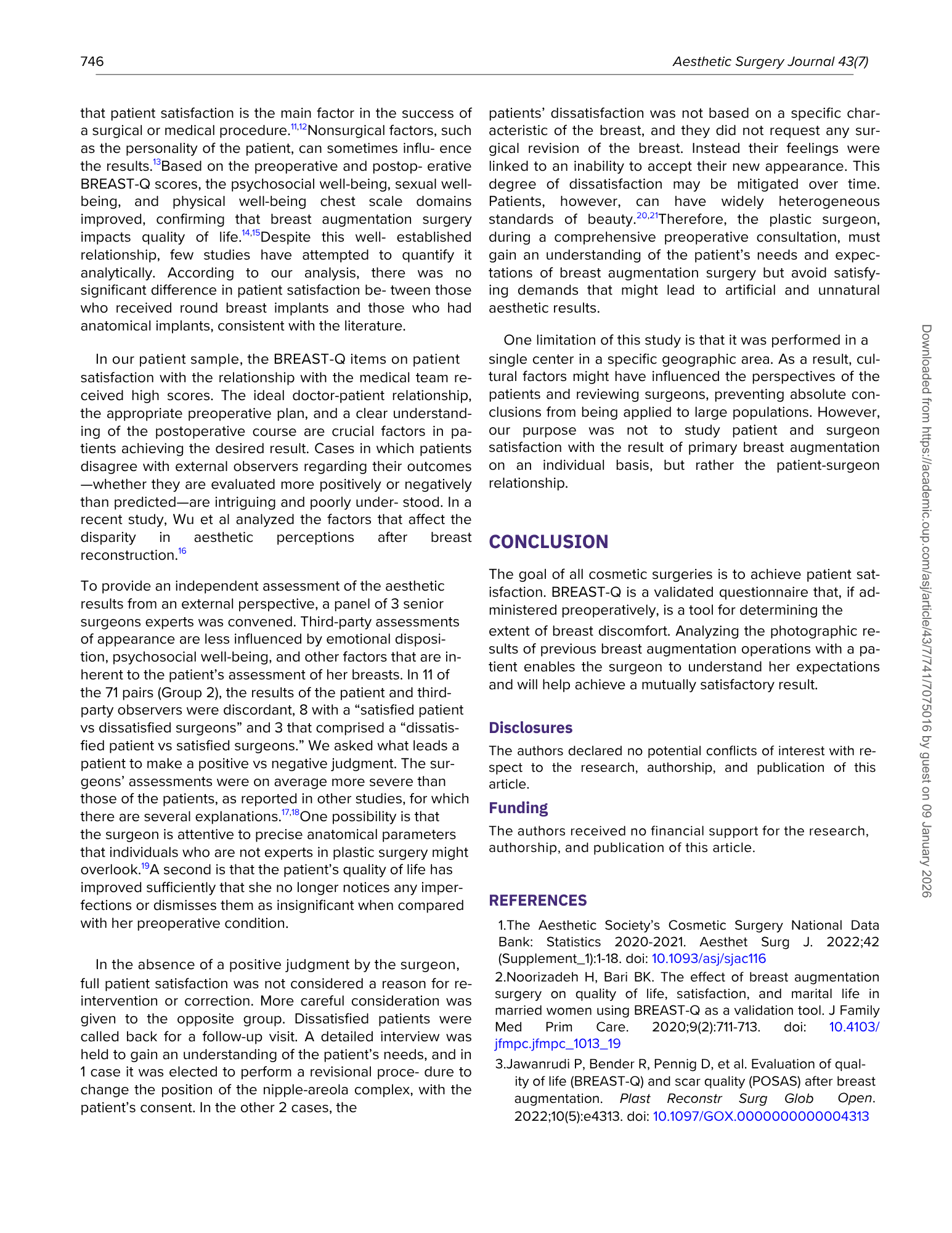 Pagina di uno studio scientifico sulle misurazioni della soddisfazione dei pazienti dopo chirurgia estetica, con testo in inglese e numeri di pagina.