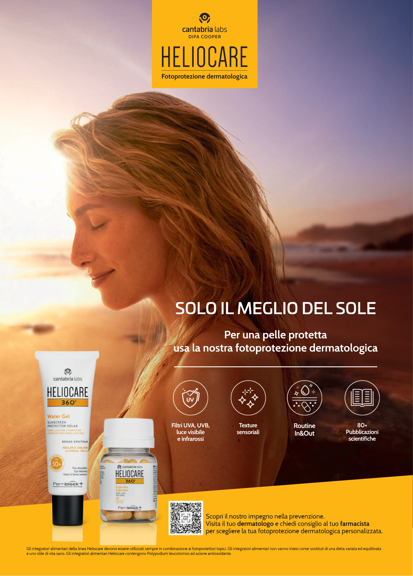 Pubblicità di prodotti solari e di fotoprotezione dermatologica con un'immagine di una donna con i capelli lunghi e castani, che guarda verso il sole sulla spiaggia al tramonto. Include due prodotti: un gel solare e delle capsule, con testo informati