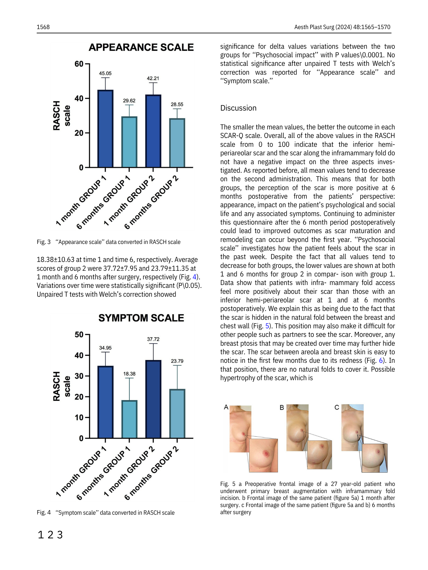 Grafici e immagini relative a schede di valutazione estetica e cicatrici post-operatorie, con fotografie di una paziente prima e dopo un intervento di aumento mammario.