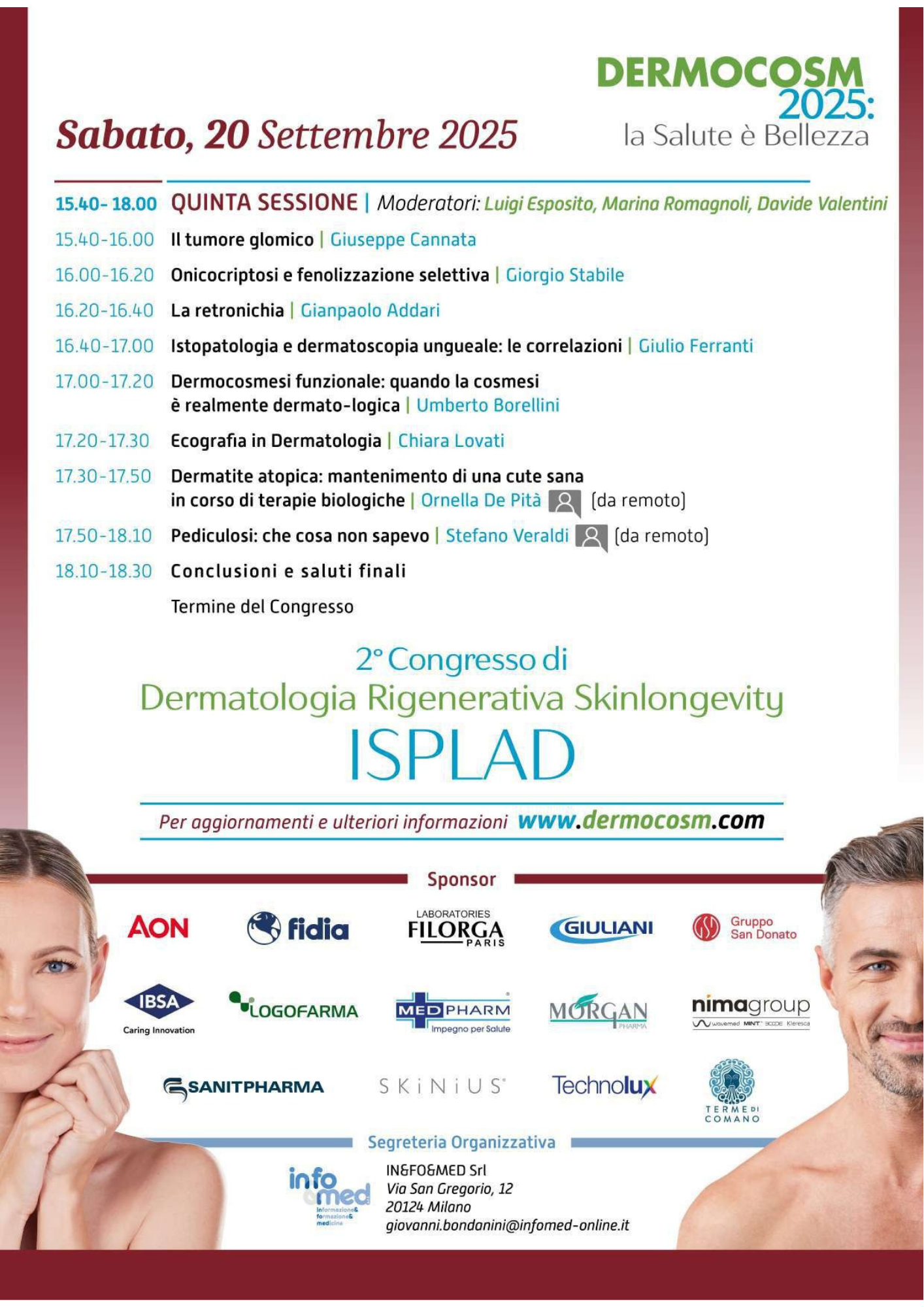 Programma del 2° Congresso di Dermatologia Rigenerativa Skinlongevity ISPLAD del 20 settembre 2025 con orari e relatori, sponsor e info di contatto, immagine di due persone che si sorridono.