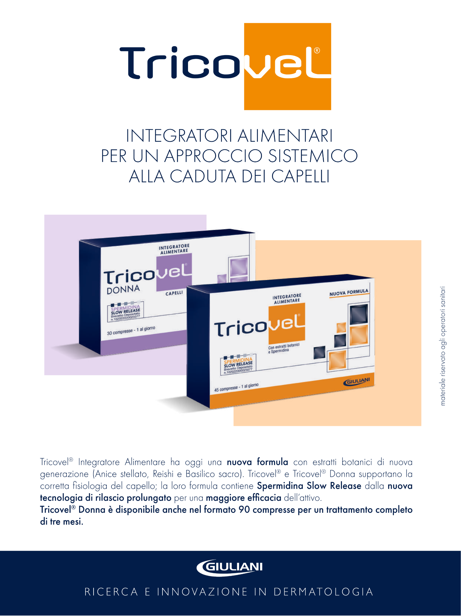 Calendario con due scatole di integratori alimentari Tricovel, uno con packaging viola e uno con packaging arancione, contenenti prodotti per la caduta dei capelli.