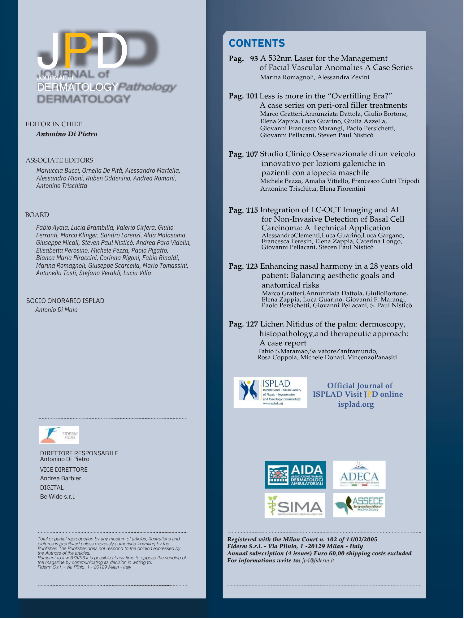 Copertina del Journal of Dermatology, con contenuti e nomi degli autori, pubblicità e loghi delle associazioni disponibili.