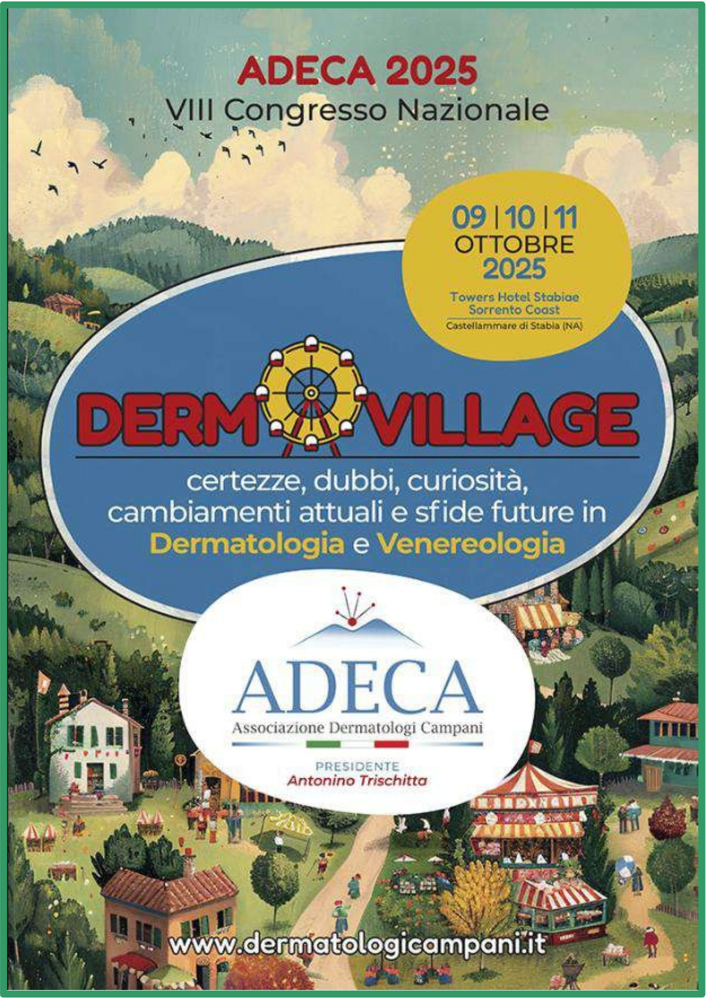 Locandina del Congresso Nazionale ADECA 2025, dedicato a dermatologia e venereologia, con dettagli su date, luogo e presidente dell'associazione.