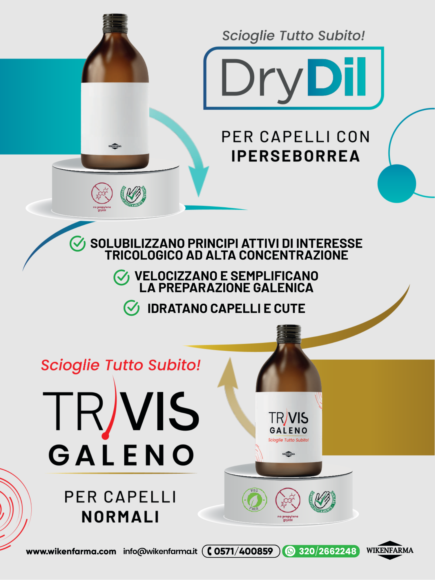 Locandina pubblicitaria di due prodotti per capelli; l'ultimo con etichetta 'TRAVIS GALENO' per capelli normali, e il primo chiamato 'DryDii' per capelli con iperseborrea, con descrizione dei benefici e invito a sciogliere subito.