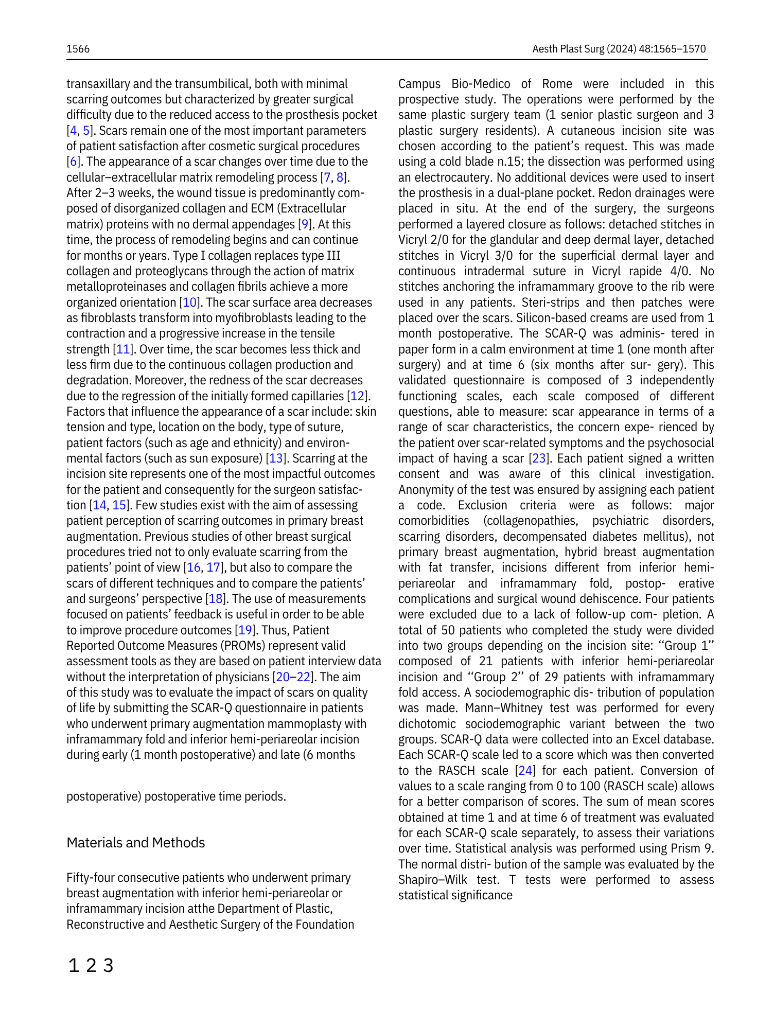Testo scientifico e medico su interventi di chirurgia estetica, cicatrici e valutazioni dei risultati.
