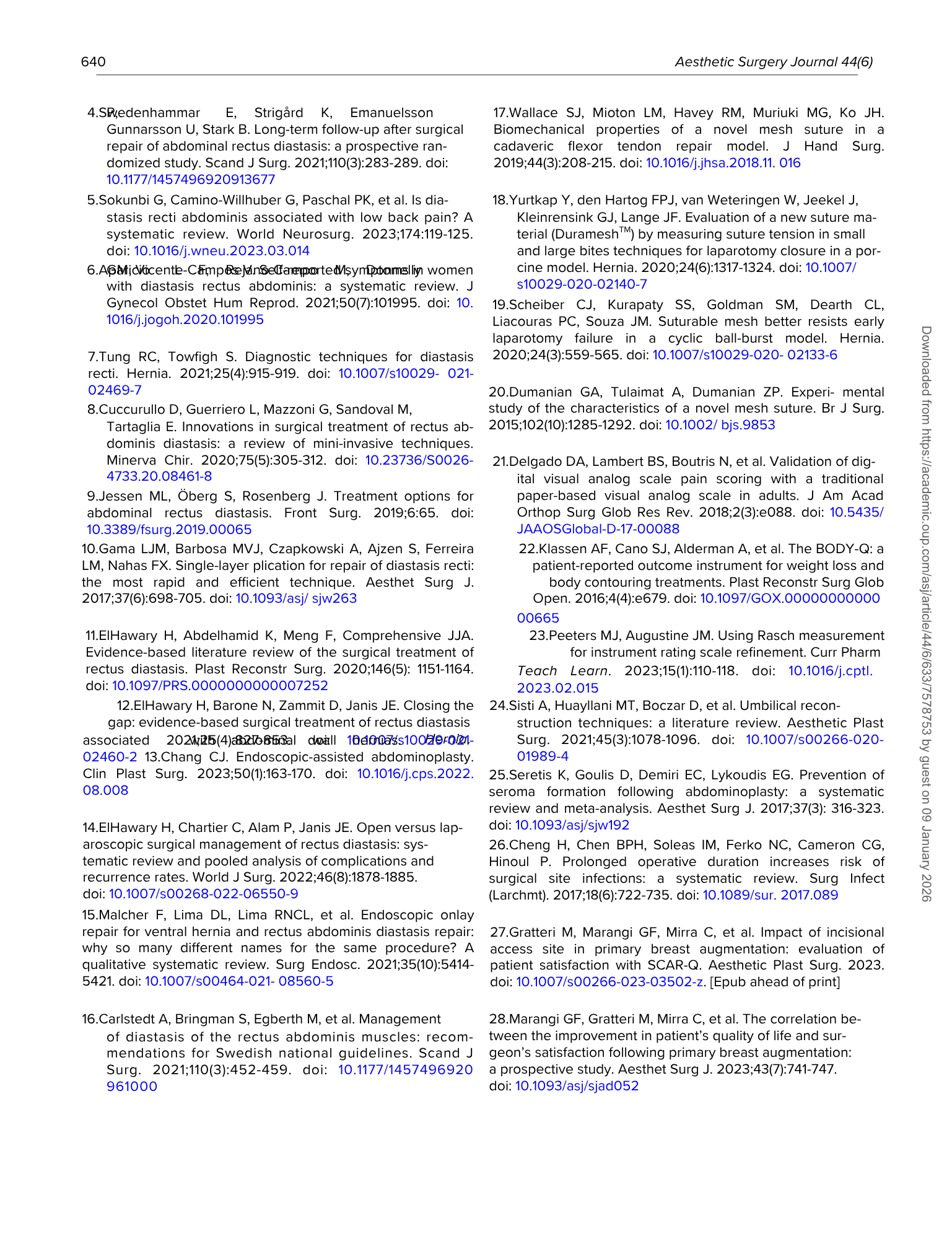 Pagina di un articolo di ricerca con riferimenti bibliografici, titolo e conferenza di pubblicazione, dal Journal of Aesthetic Surgery.