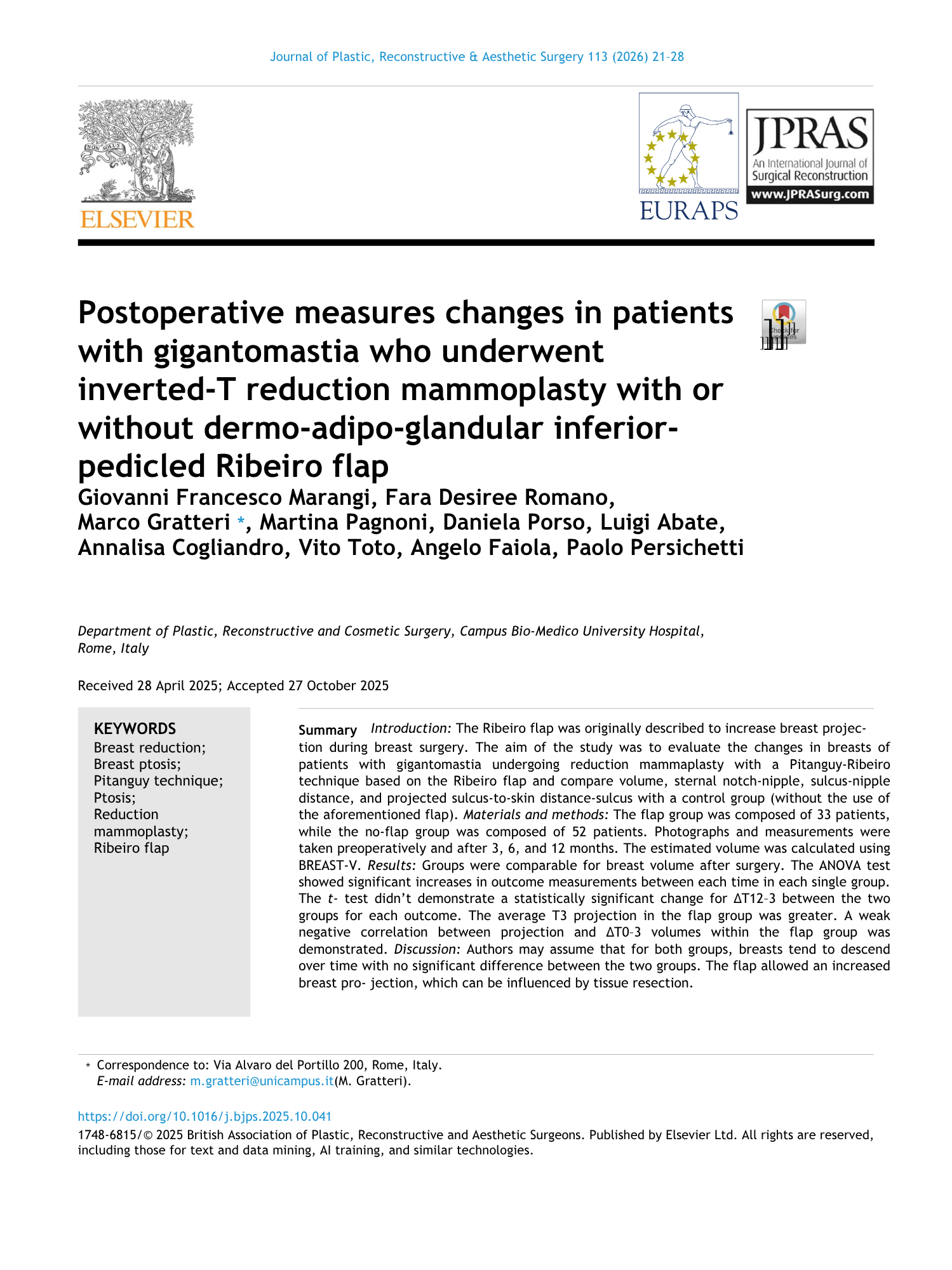 Pagina di un articolo scientifico su misure anestesiologiche e chirurgiche postoperatorie, pubblicato nel Journal of Plastic, Reconstructive & Aesthetic Surgery.