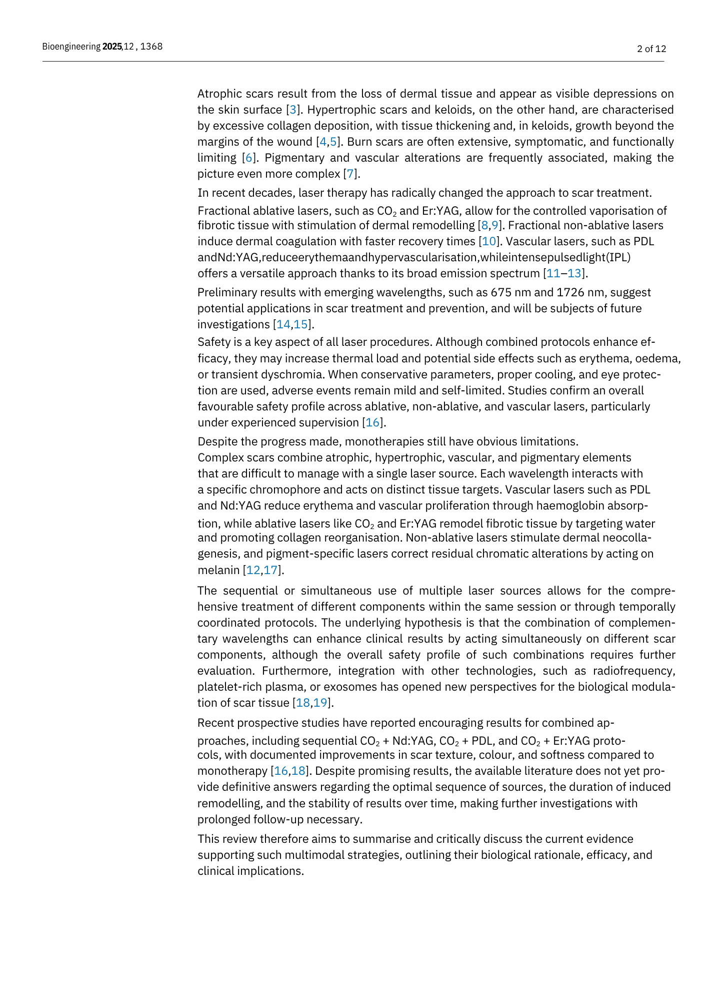 Pagina di un articolo scientifico su laser terapia per cicatrici, con testo in inglese e numerazioni di riferimenti.