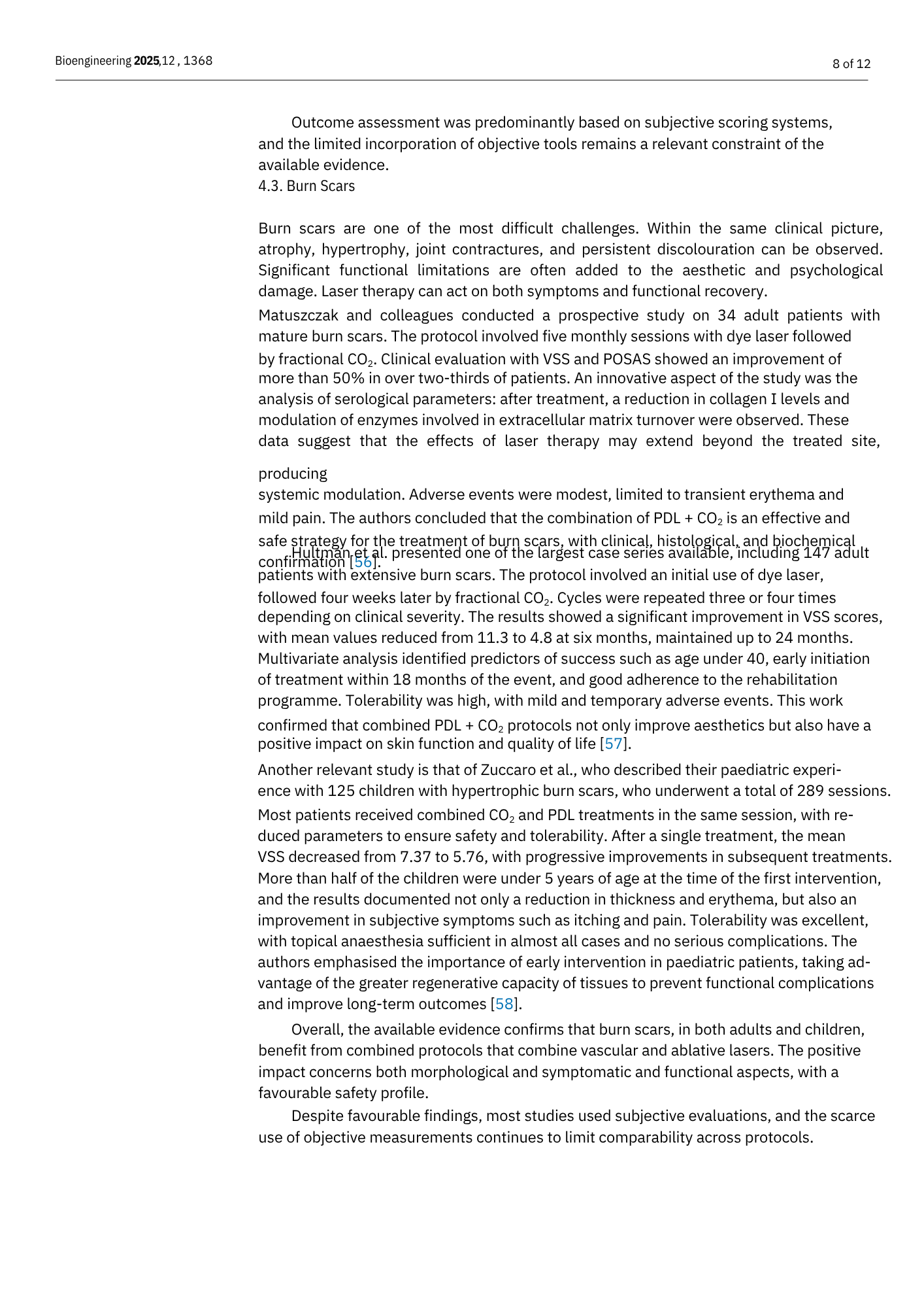 Pagina di un articolo accademico sul trattamento di cicatrici da ustione con laser e terapie combinate.