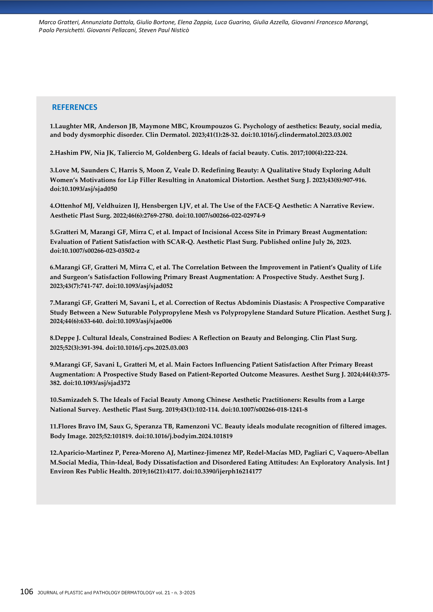 Lista di autori e riferimenti bibliografici su argomenti di estetica, bellezza, soddisfazione del paziente e considerazioni culturali nei trattamenti estetici.