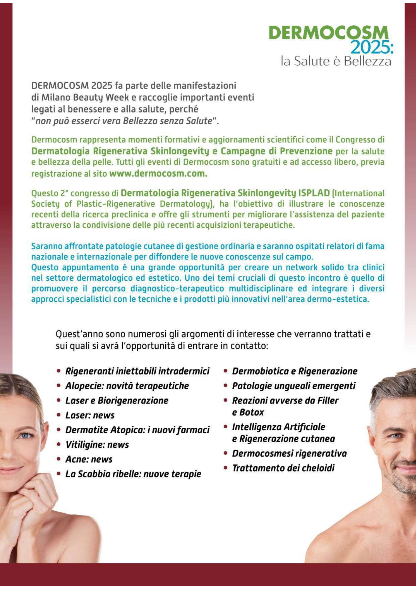 Poster promozionale sull'evento Dermocosm 2025 con dettagli su conferenze e temi di dermatologia e benessere della pelle, con immagini di un uomo e una donna.