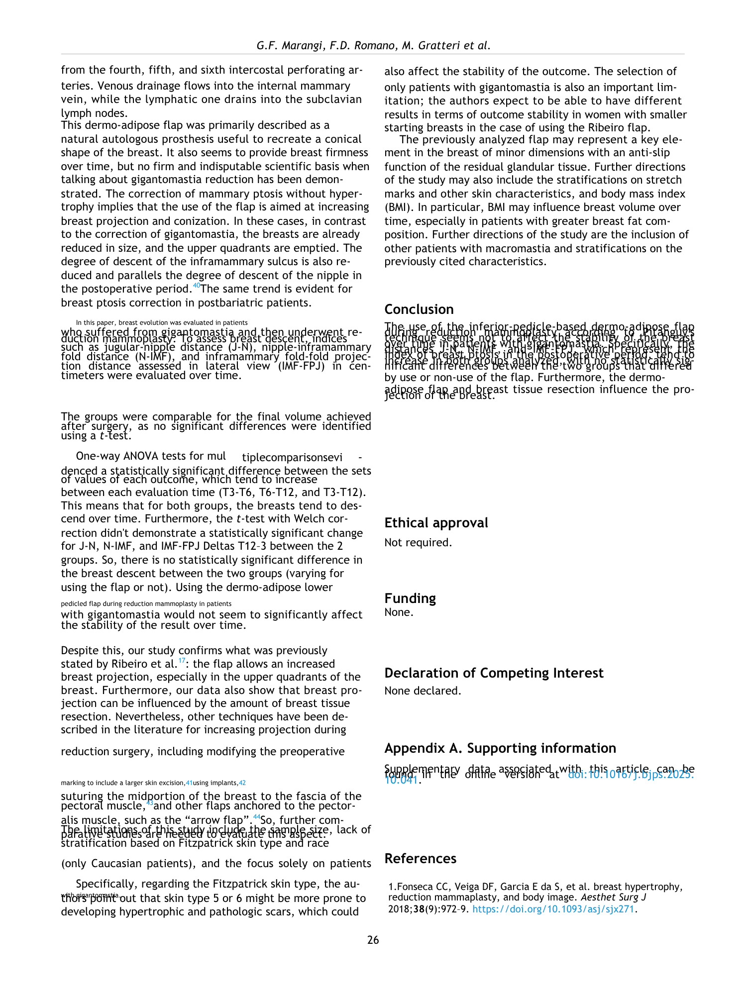 Pagina di testo di uno studio scientifico sulla riduzione del volume del seno con impianto di dermo-adiposo, che include sezioni su conclusioni, approvazione etica, finanziamenti, dichiarazioni di interesse e riferimenti.