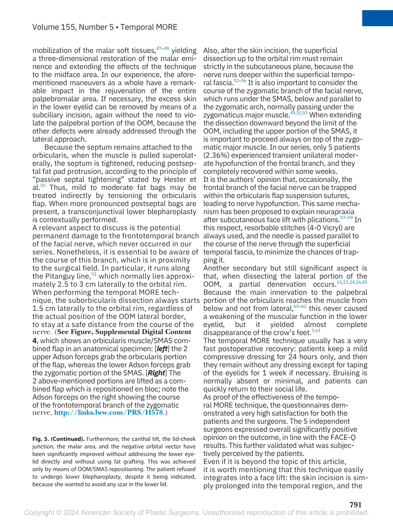 Pagina di un articolo scientifico con testo e una figura, contenente tabelle e descrizioni sulle tecniche di chirurgia plastica, in inglese.