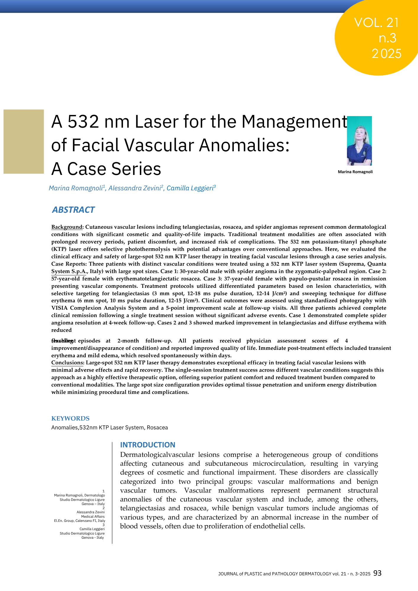Copertina di una rivista con titolo sulla gestione di anomalie vascolari facciali con laser a 532 nm, autori e riassunto in inglese. Immagine di una donna in alto a destra.