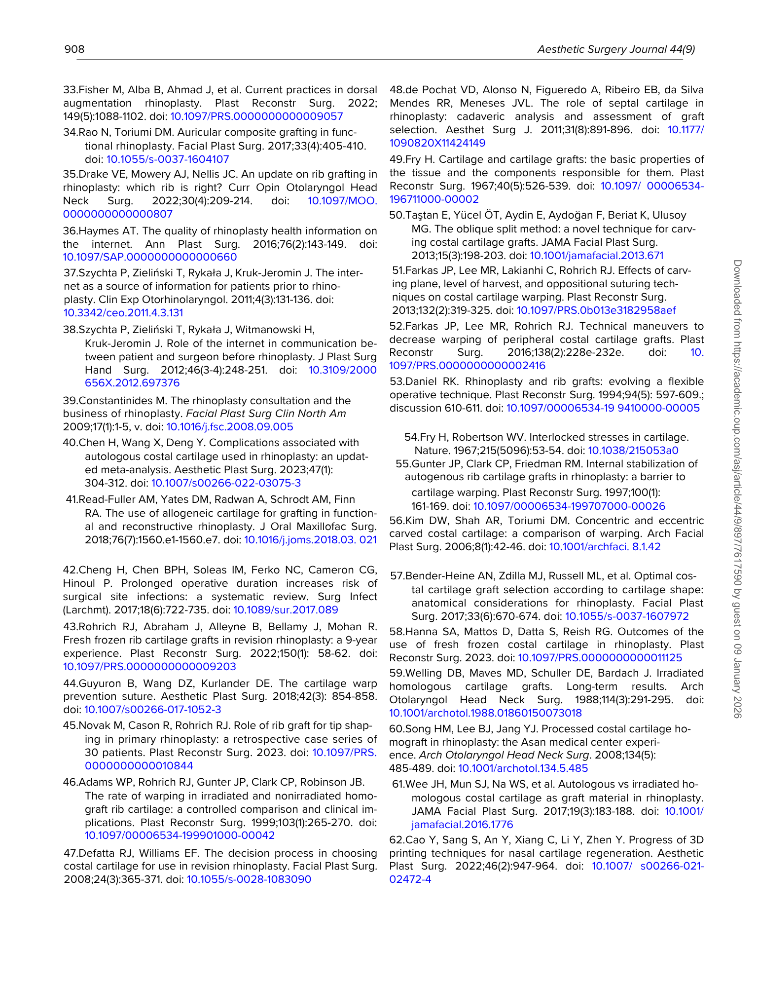 Pagina di rivista scientifica con elenco di riferimenti bibliografici riguardanti la chirurgia plastica e la ricostruzione del padiglione auricolare e della cartilagine costoale.