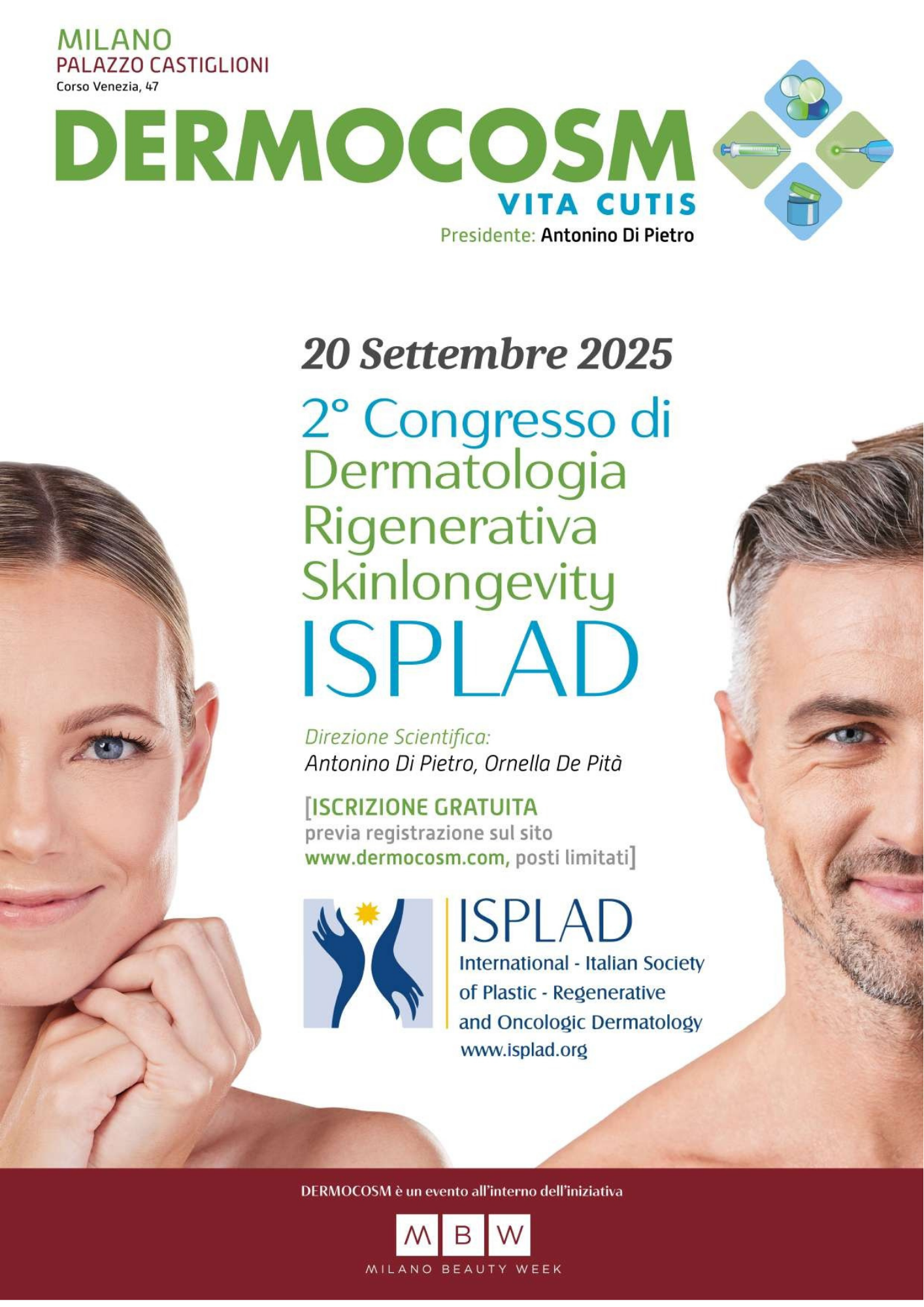 Affiche promozionale per il 2° Congresso di Dermatologia Rigenerativa Skinlongevity che si terrà a Milano il 20 settembre 2025, presentato da Dermocosm, con immagini di un uomo e una donna con pelle chiara e sorriso.